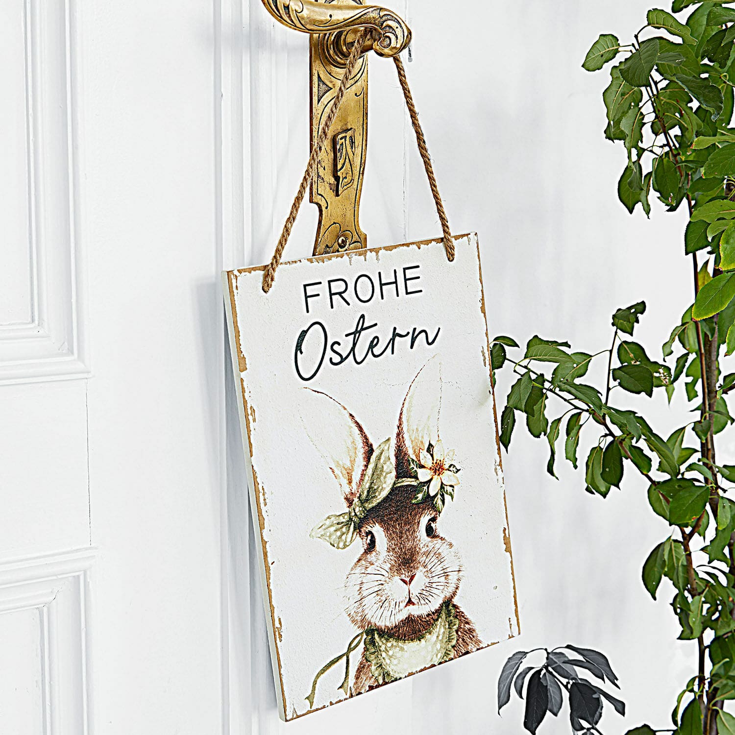 Dekoboard Yonne Weisse Dekotafel mit Frohe-Ostern-Schriftzug und Hasenmotiv für österliche Wanddekoration