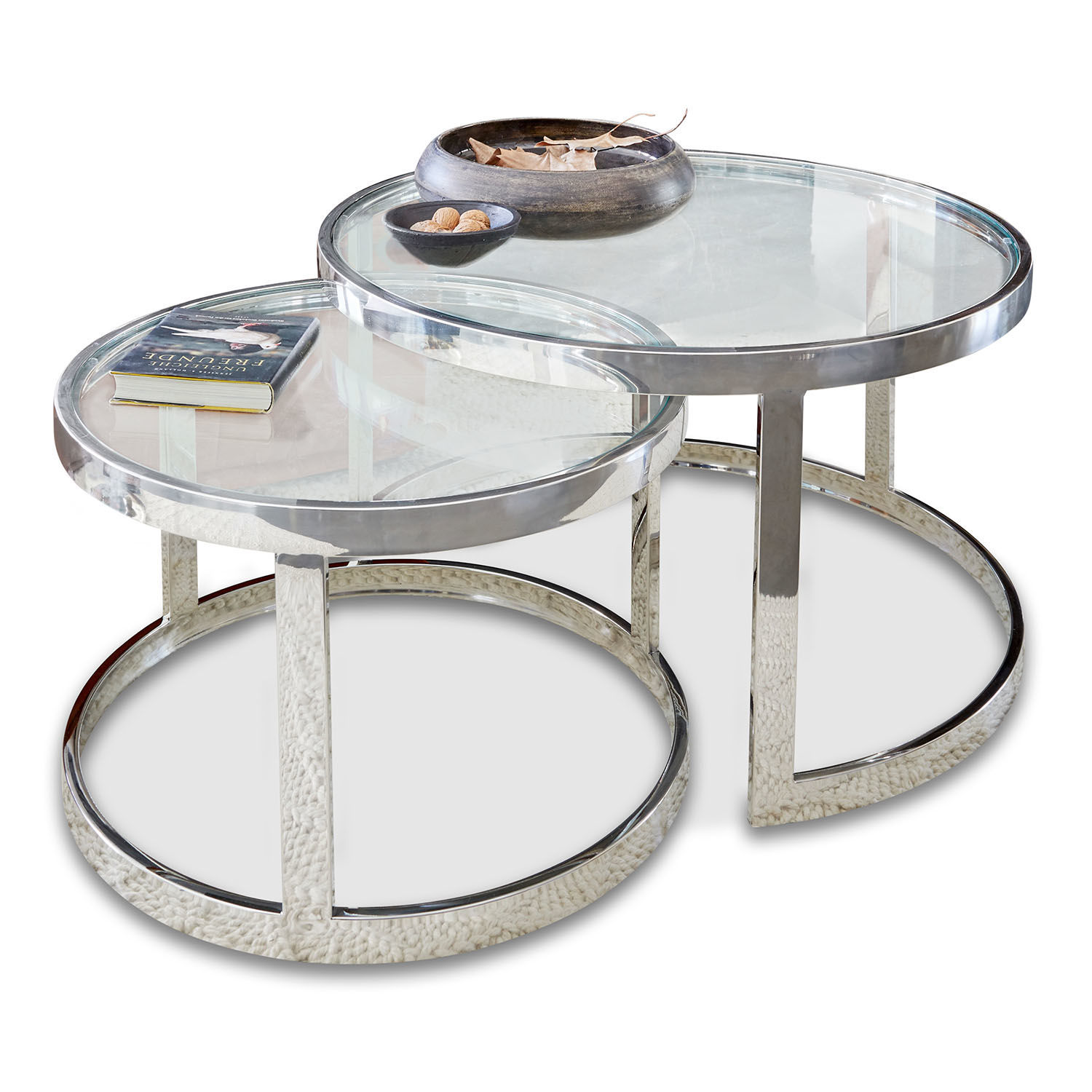 Beistelltisch 2er Set Cibran Set aus zwei runden Couchtischen mit Glasplatte und verchromtem Stahlgestell, modern