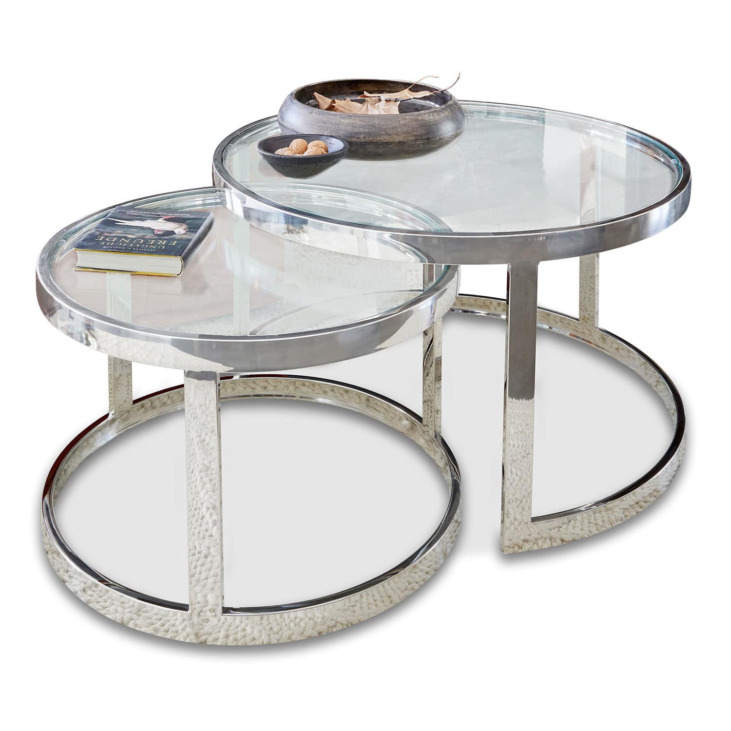 Beistelltisch 2er Set Cibran Set aus zwei runden Couchtischen mit Glasplatte und verchromtem Stahlgestell, modern
