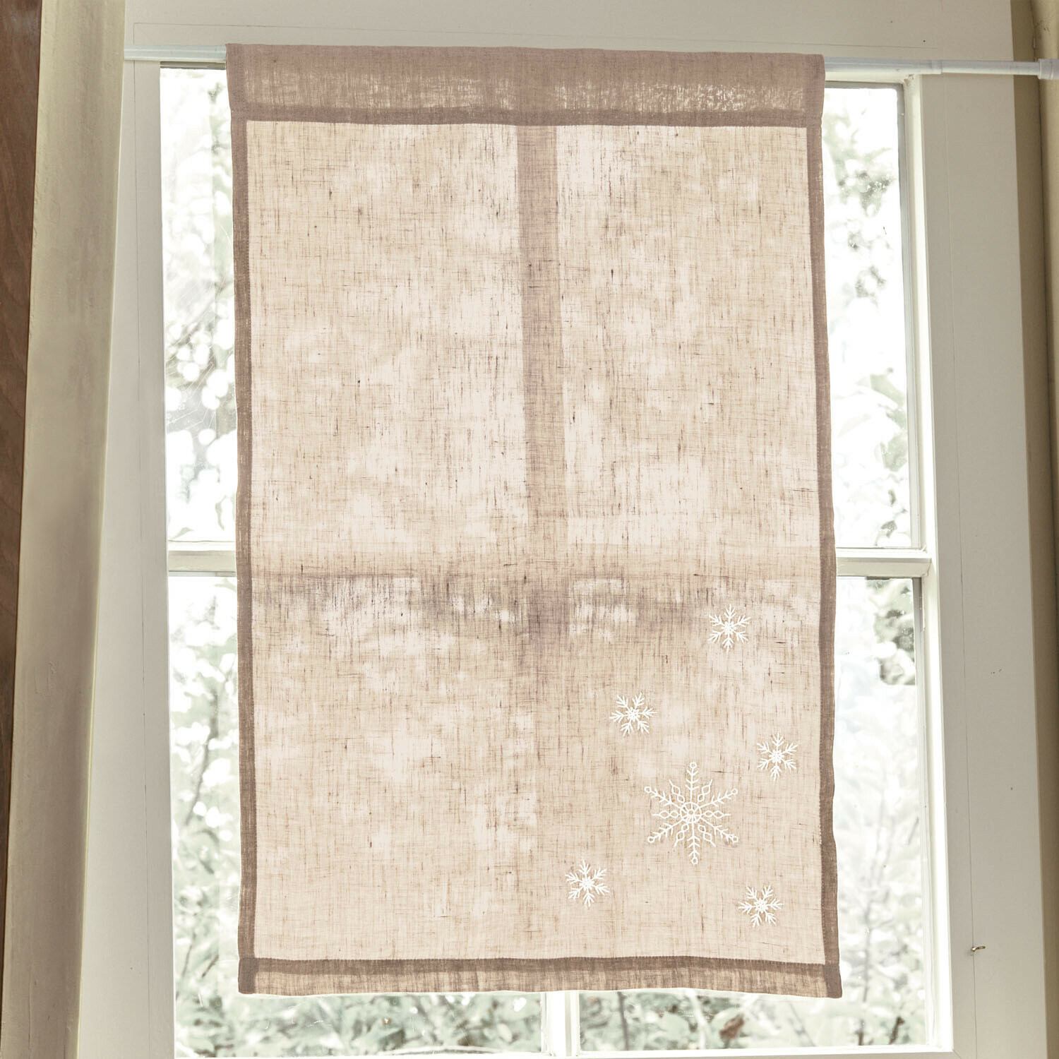 Scheibengardine Ruspi Beige Leinen-Rollo mit Schneeflocken-Motiv, leichter Sichtschutz für Fenster im Wohnraum