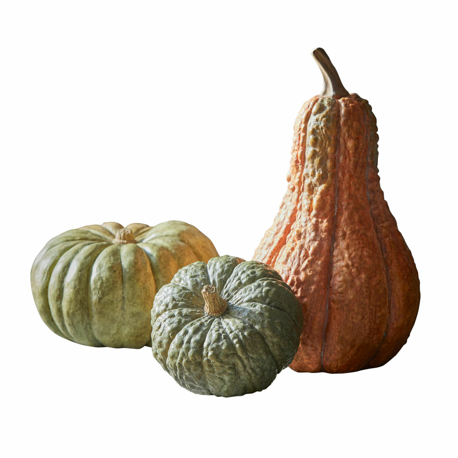 Deko-Kürbis 3er Set Raliven Drei dekorative Kürbisse in Grün und Orange für herbstliche Dekoration.
