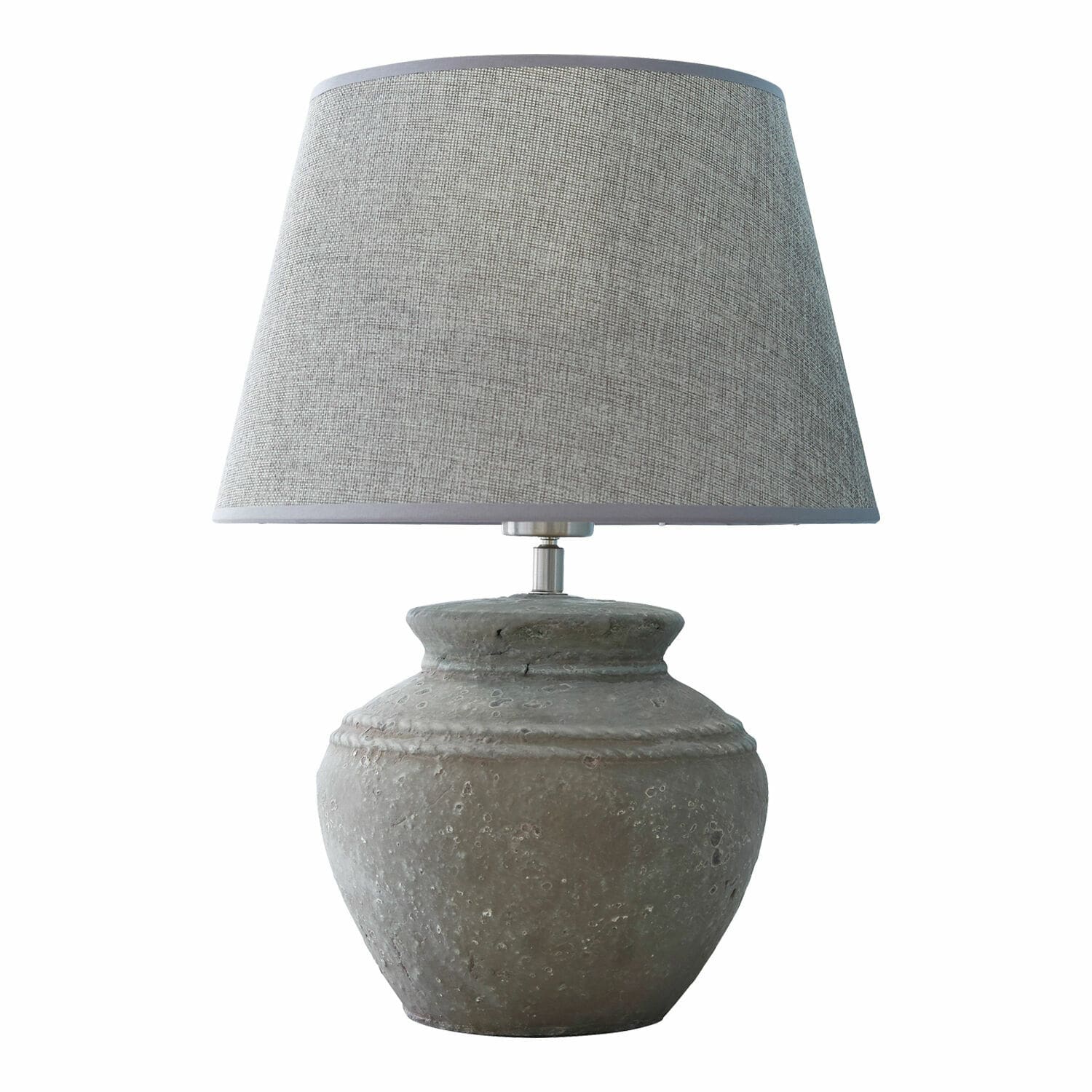 Tischlampe Cleveland Tischlampe mit grauer Keramikbasis und hellgrauem Stoffschirm für Wohnzimmerbeleuchtung.