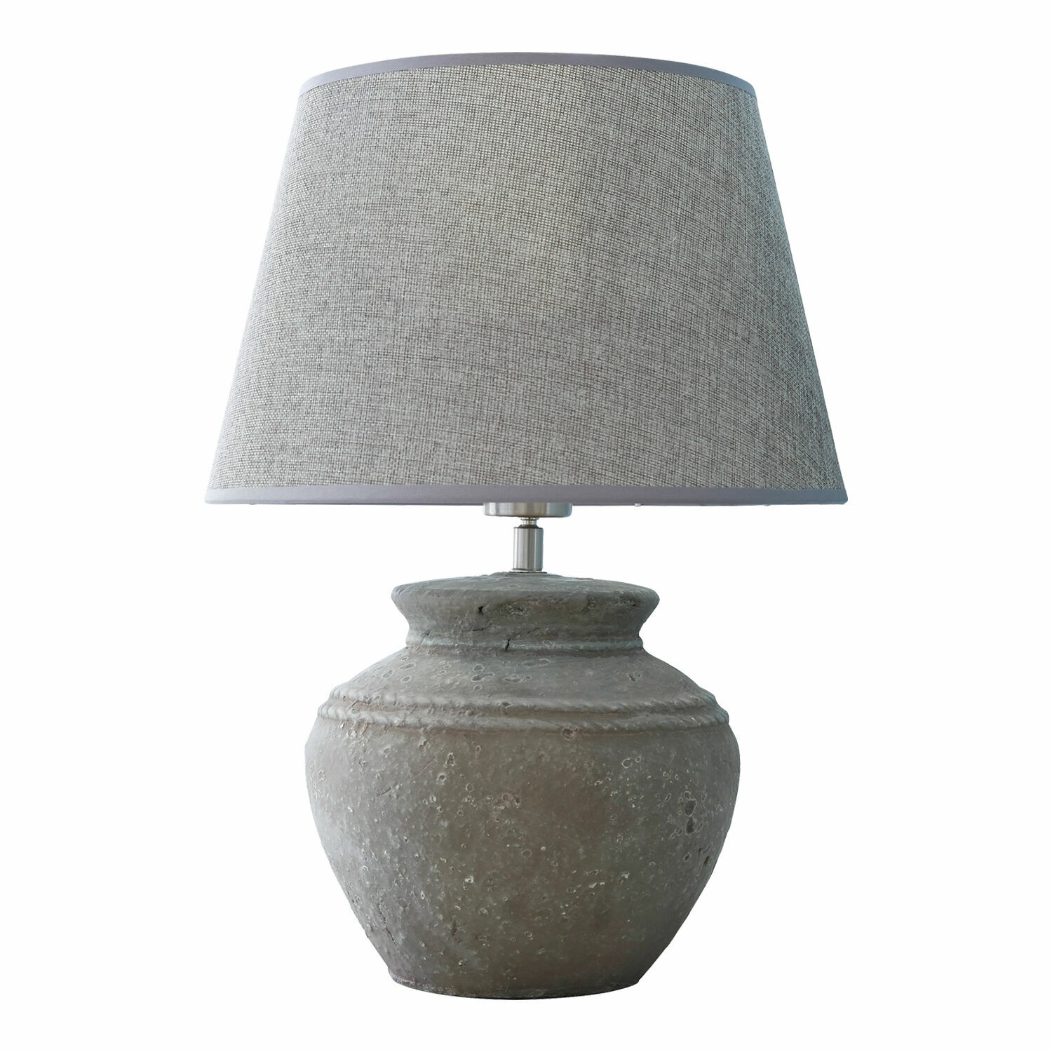 Tischlampe Cleveland Tischlampe mit grauer Keramikbasis und hellgrauem Stoffschirm für Wohnzimmerbeleuchtung.