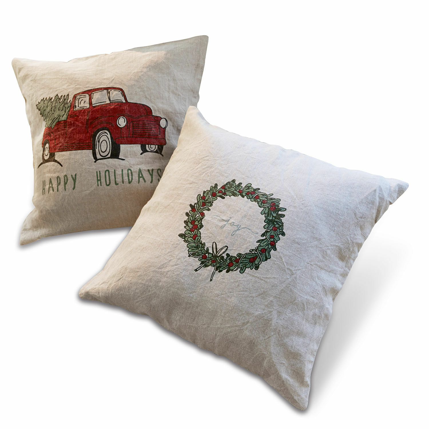Kissenhülle 2er Set Camon Leinenkissen mit Weihnachtsmotiven, rotem Auto und grünem Kranz, festliche Dekoration