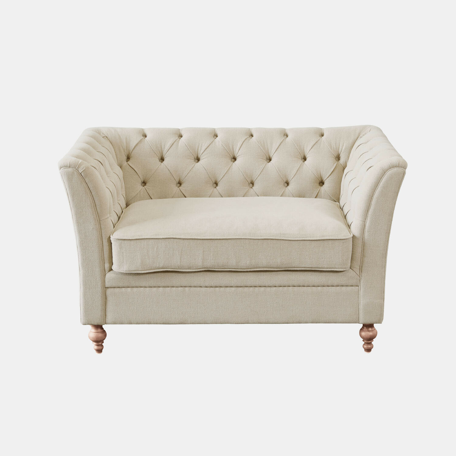 Beiges Stoffsofa mit gesteppter Rückenlehne und Holzfüßen, elegantes Wohnzimmermöbel