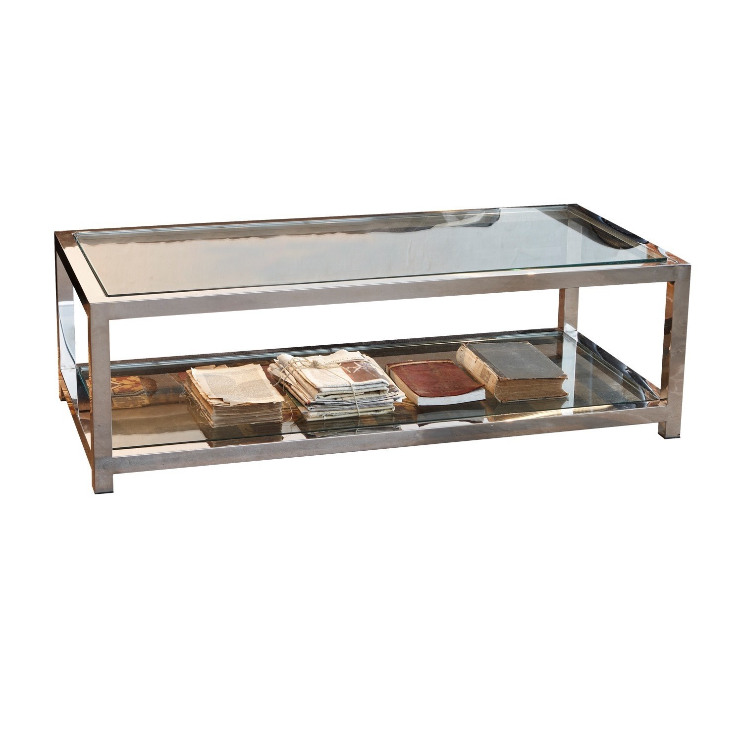 Couchtisch Clayton mit silbernem Metallgestell und Glasplatte, moderner Wohnzimmertisch