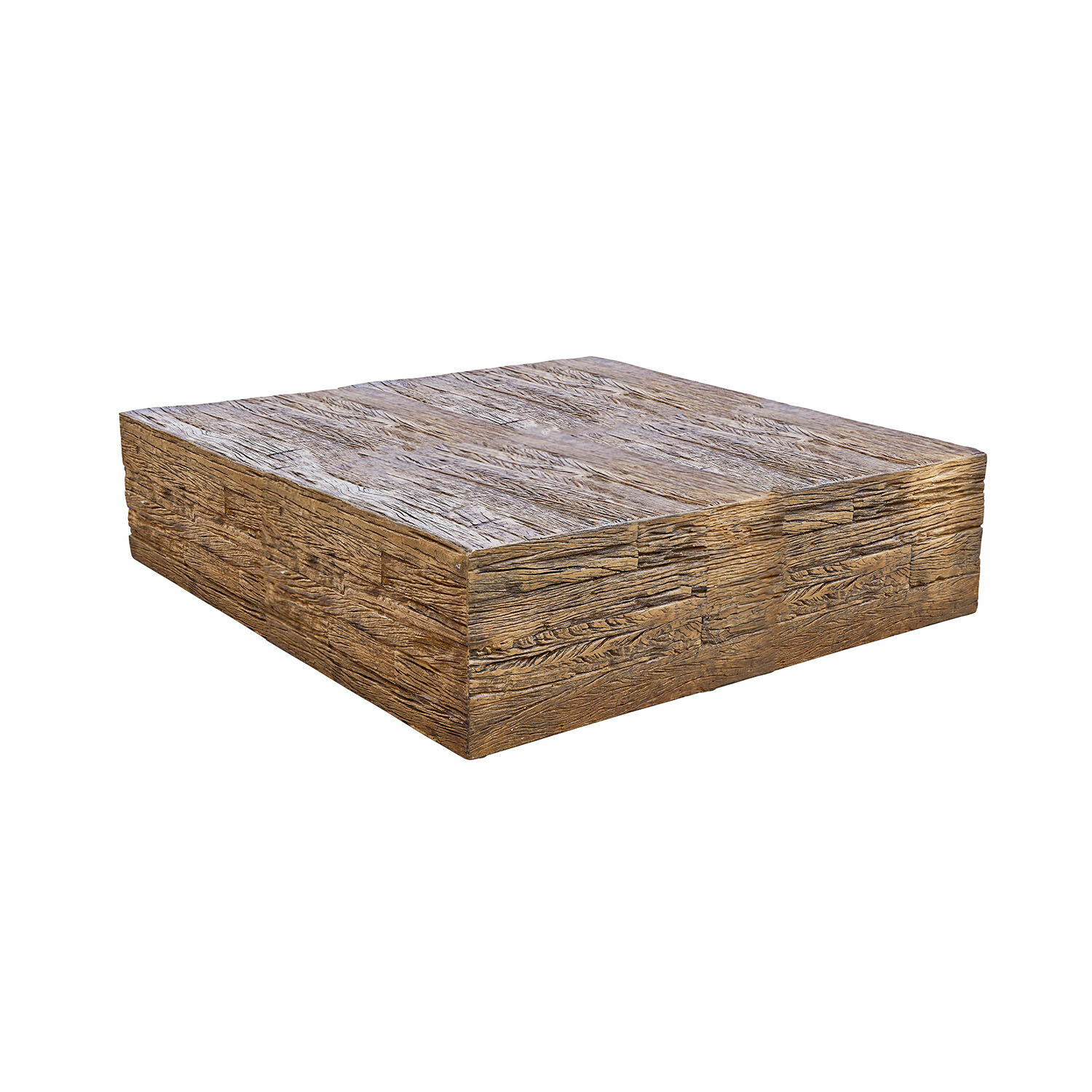 Quadratischer Couchtisch aus braunem Holz mit rustikaler Maserung für das Wohnzimmer
