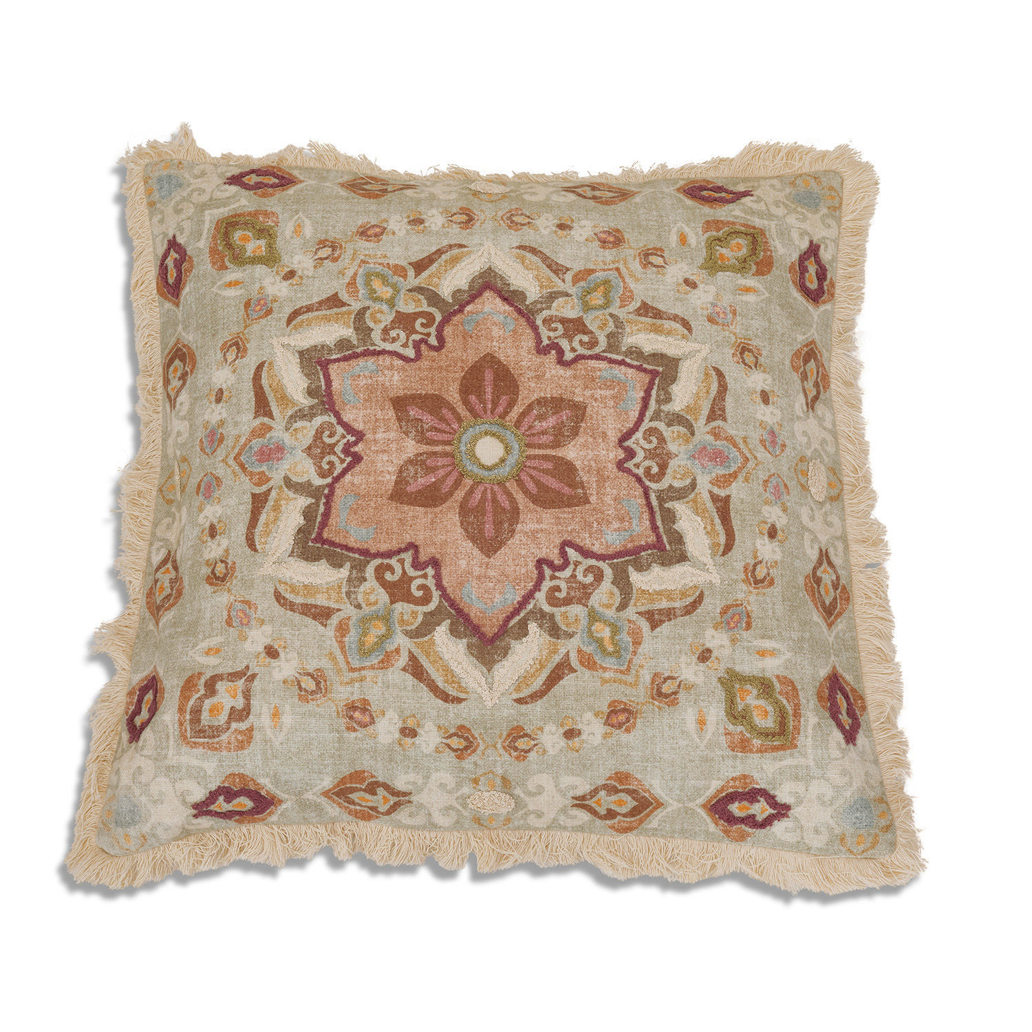 Dekoratives Baumwollkissen in Beige mit floralem Muster und Fransen für gemütliche Räume