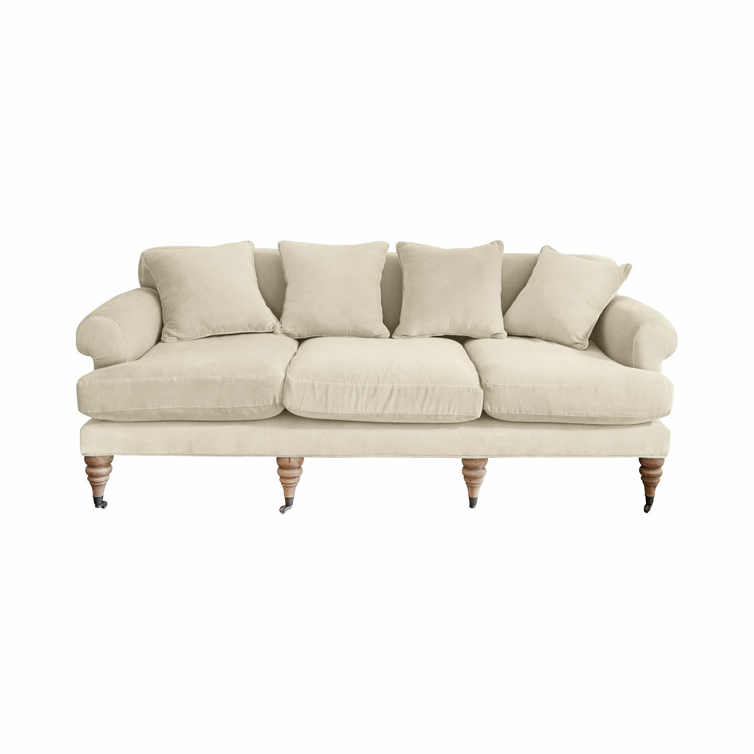 beige Beiges Sofa Kazimir aus weichem Stoff mit Kissen und gedrechselten Holzbeinen, bequemes Wohnzimmermöbel