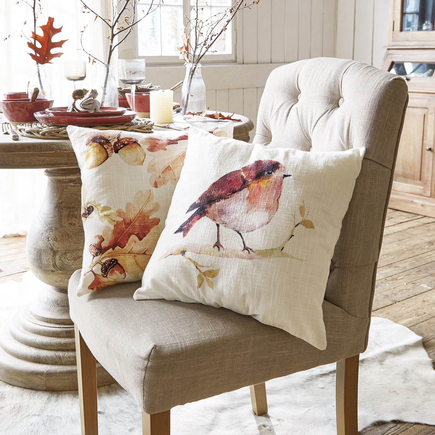 Kissenhülle 2er Set Lovece Dekorative Baumwollkissen in Creme mit Vogel- und Blattmotiv, rustikaler Landhausstil