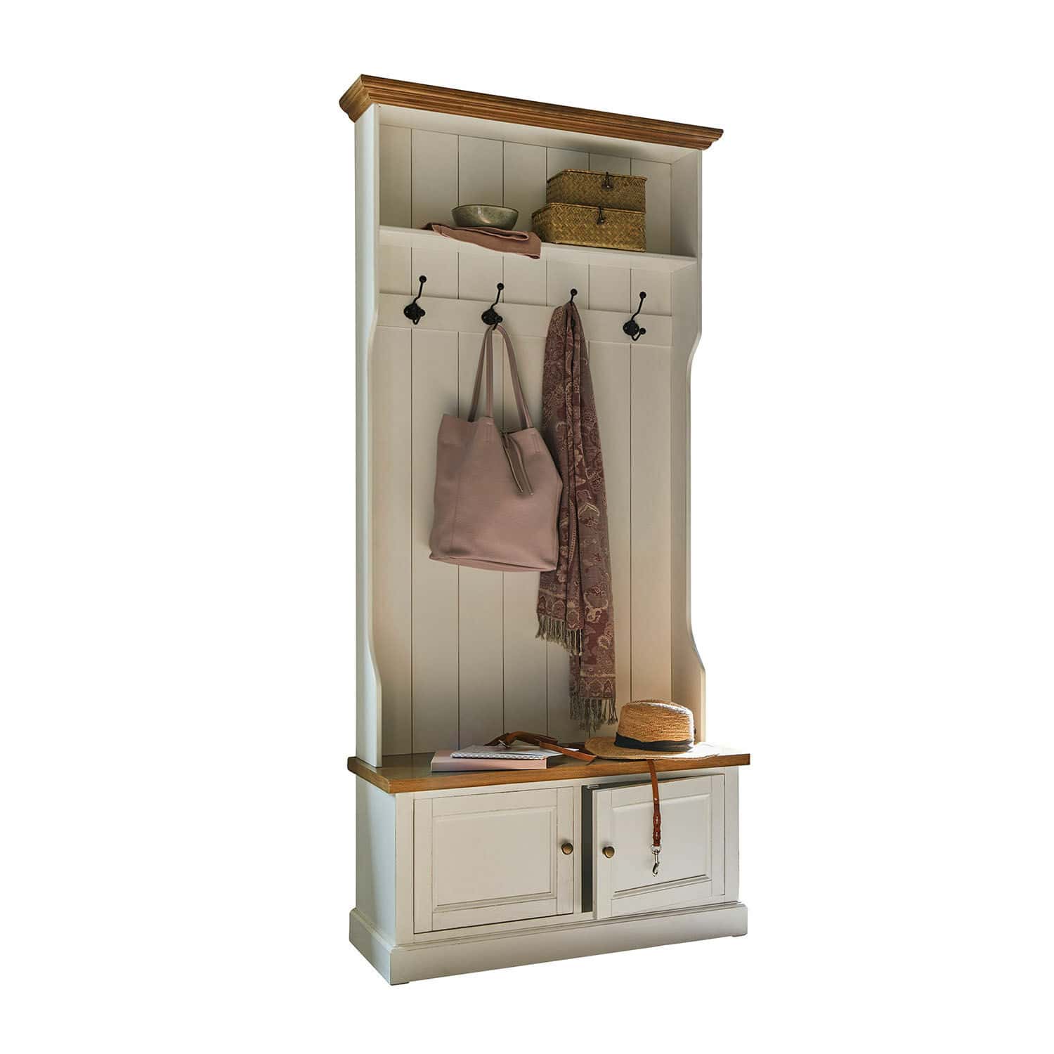 Garderobe Colchester Weisse Holzkommode mit Haken und Ablage, Naturholzplatte, praktisches Möbel für den Flur