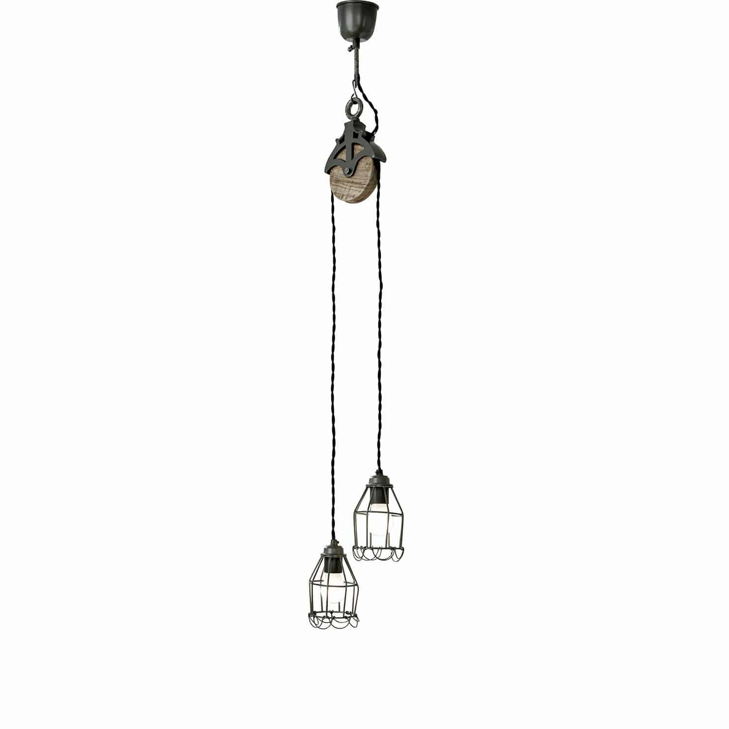 Hängelampe Trevici Doppelte Pendelleuchte mit schwarzem Metallkäfig und Holzelement im Industriedesign für Innenräume