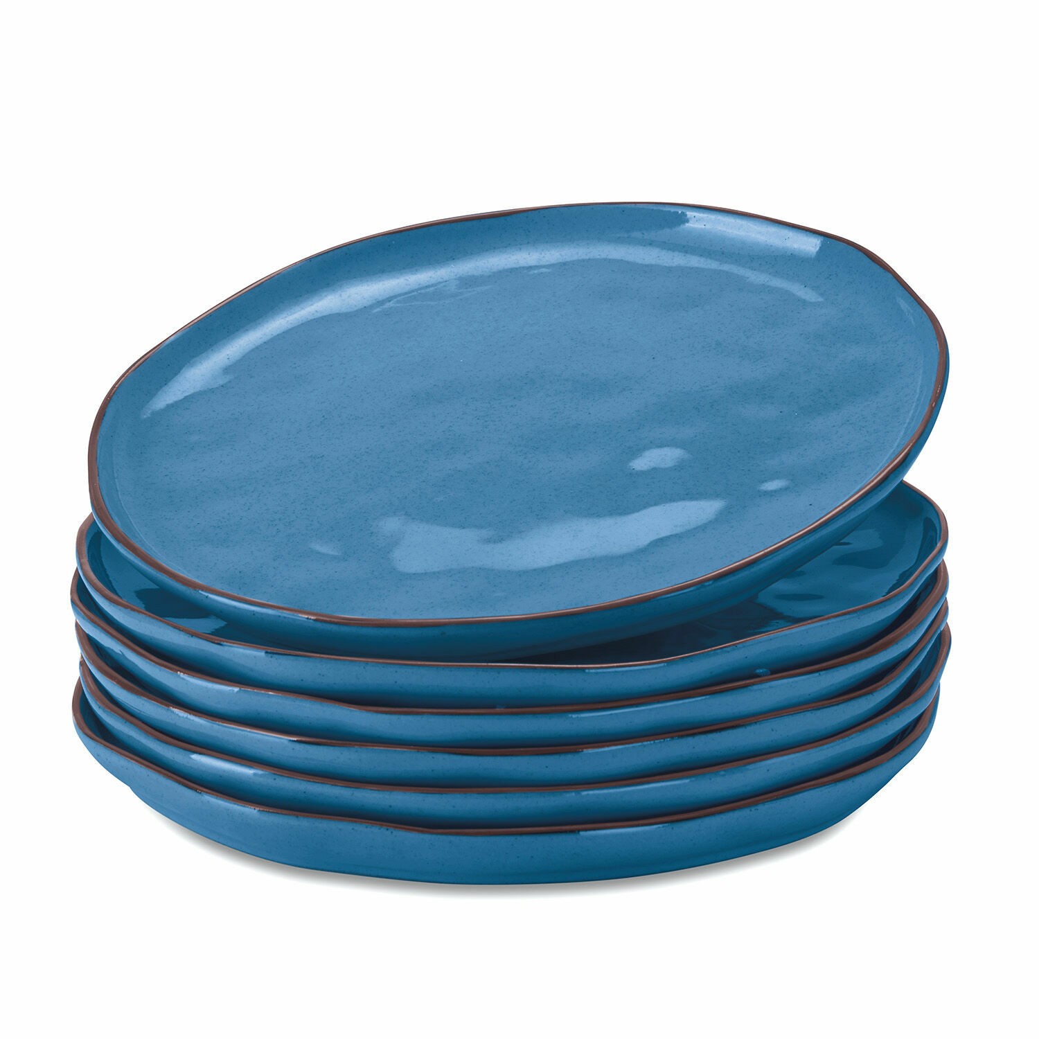 Teller 6er Set Biarré Set aus sechs blauen Keramiktellern mit braunem Rand für den Esstisch