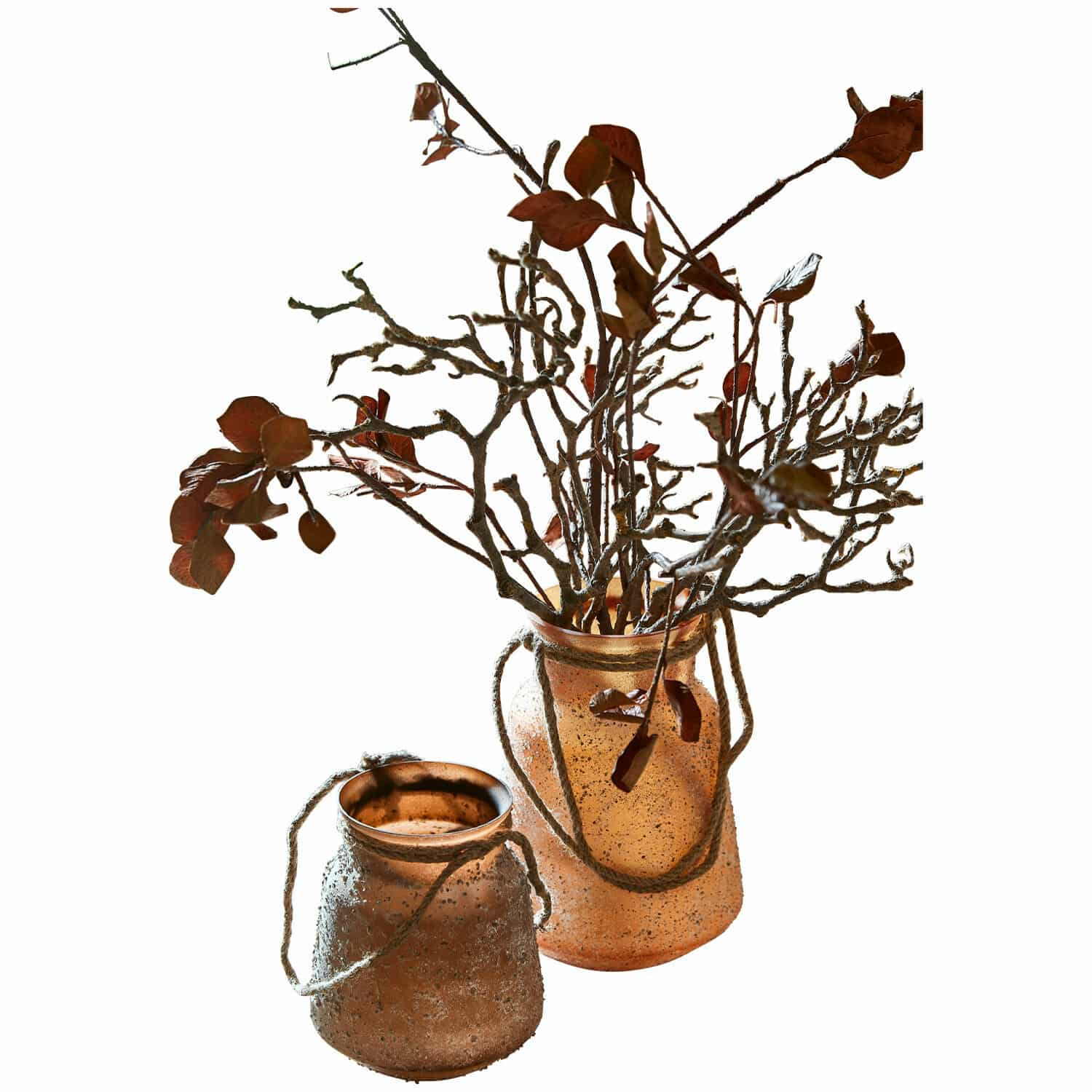 Vase 2er Set Querello Zwei dekorative kupferfarbene Glasvasen mit Kordelgriffen und getrockneten Zweigen als Dekoration