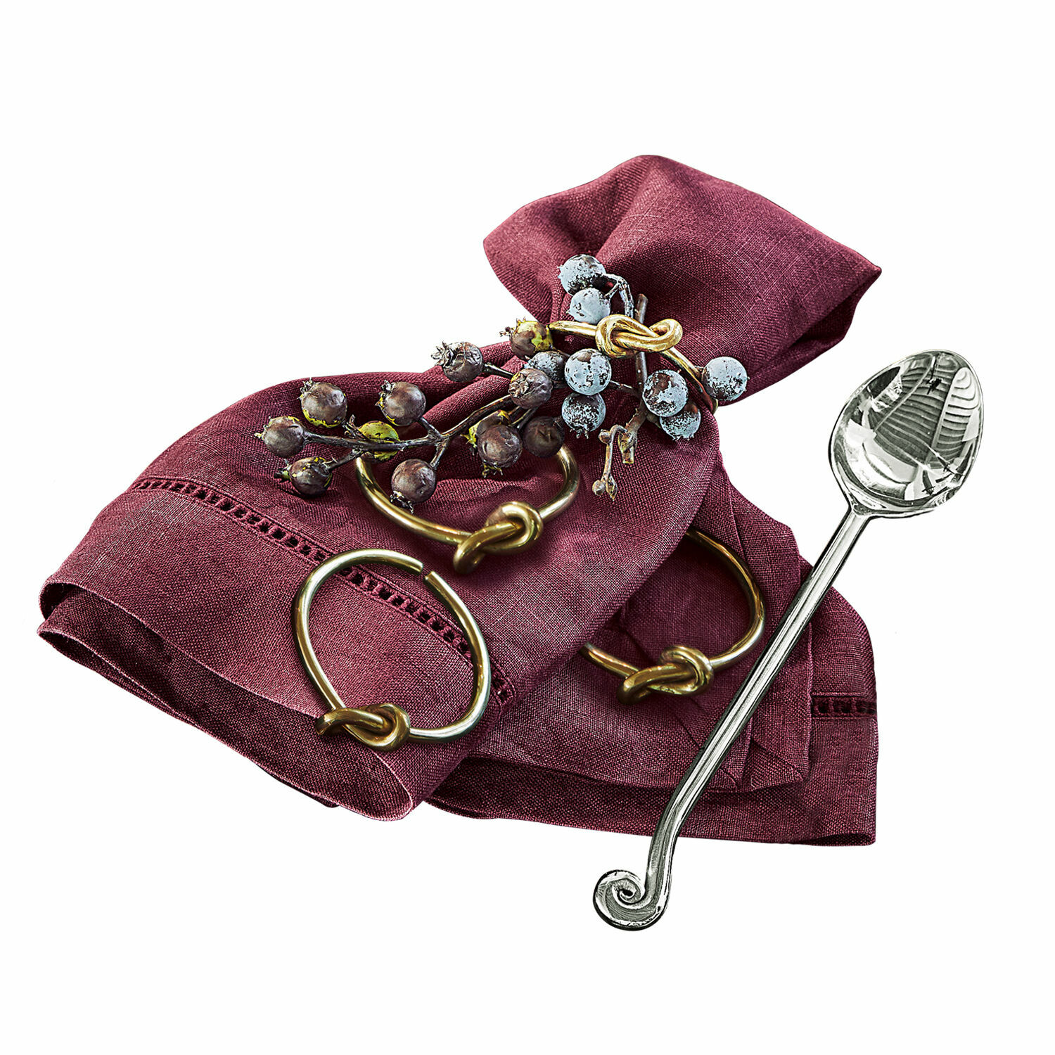 Serviettenring 4er Set Motje Bordeauxrote Leinenserviette mit Messingring und Beerendekor für den Tisch