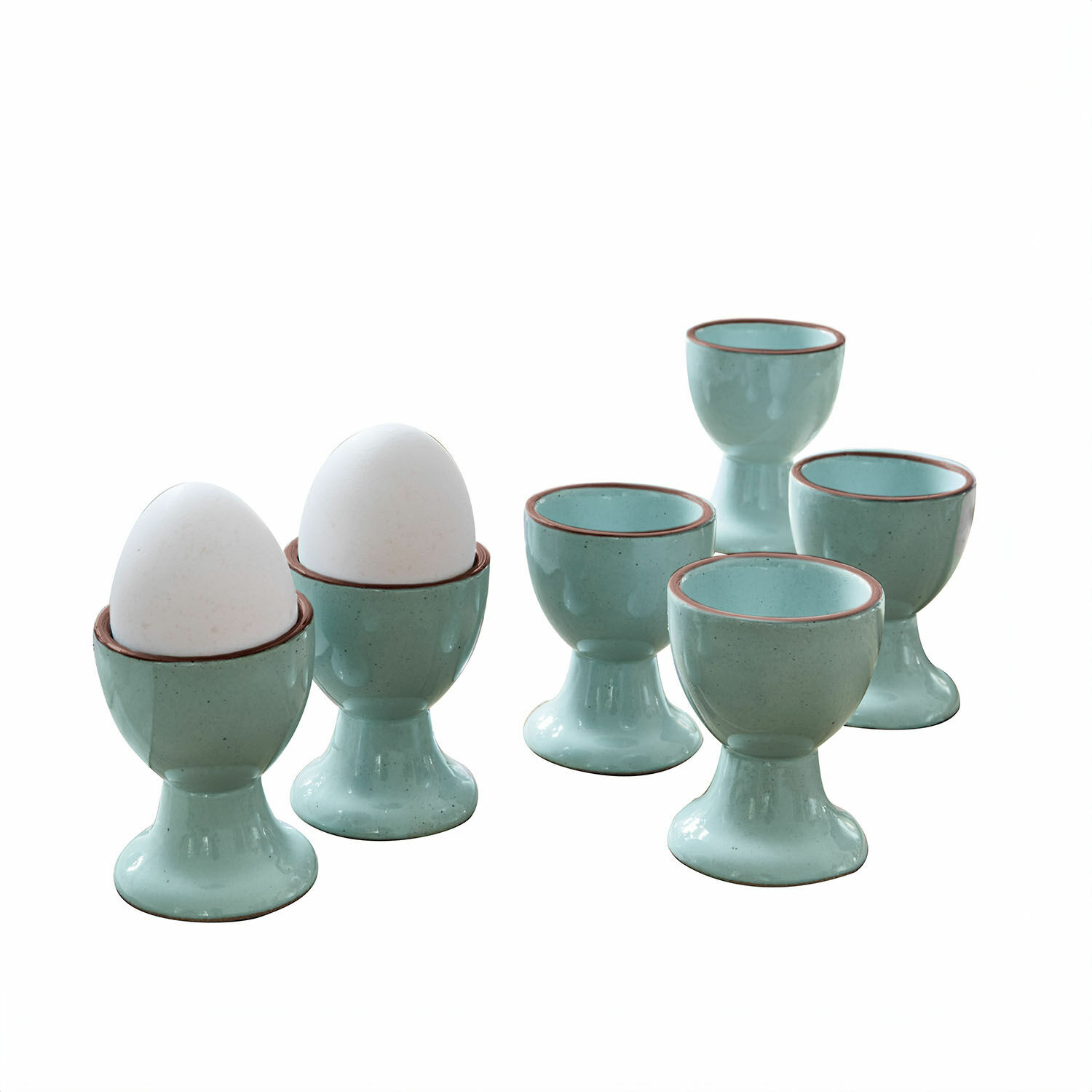 türkis 6er-Set türkisfarbene Keramik-Eierbecher mit braunem Rand fürs Frühstück