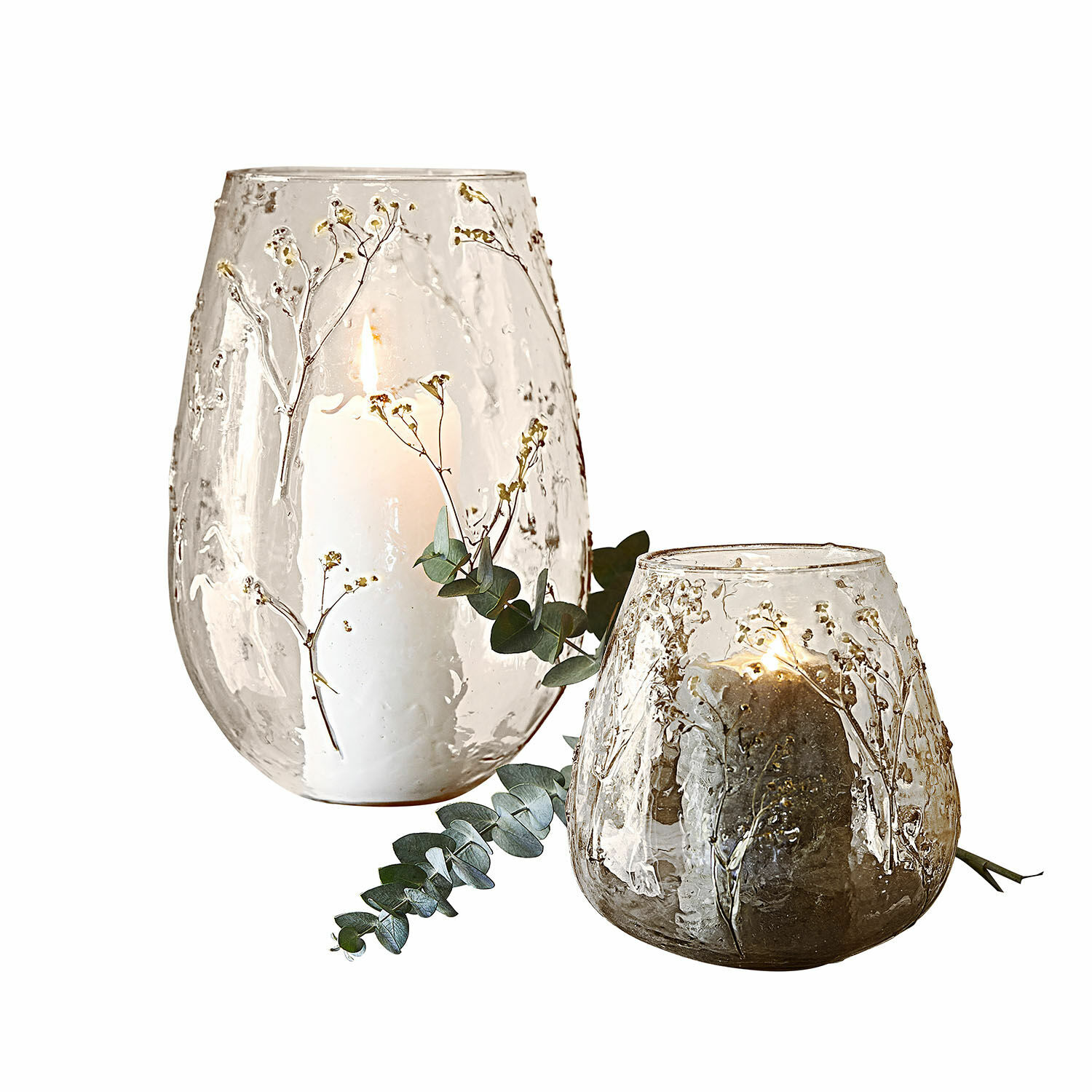 Windlicht 2er Set Elorisse Glas-Lampion mit Zweig- und Trockenblumenmuster, transparent und braun, stilvolle Wohnraumdekoration