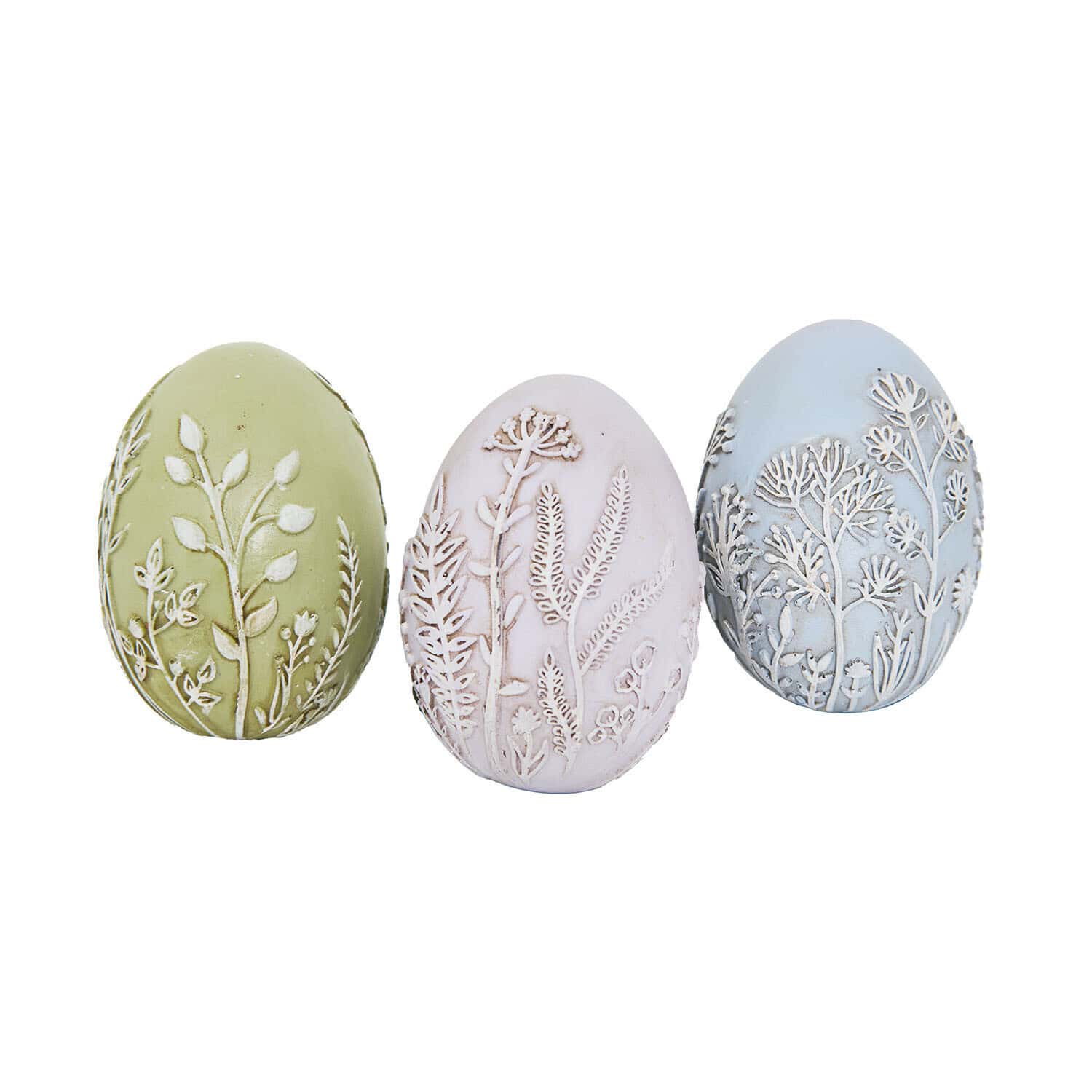 Osterei 3er Set Fauverine Set mit drei dekorativen Keramikeiern in Pastellfarben mit floralen Reliefmustern