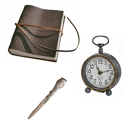 Vintage-Set mit braunem Leder-Notizbuch, Metall-Tischuhr und verziertem Metall-Brieföffner