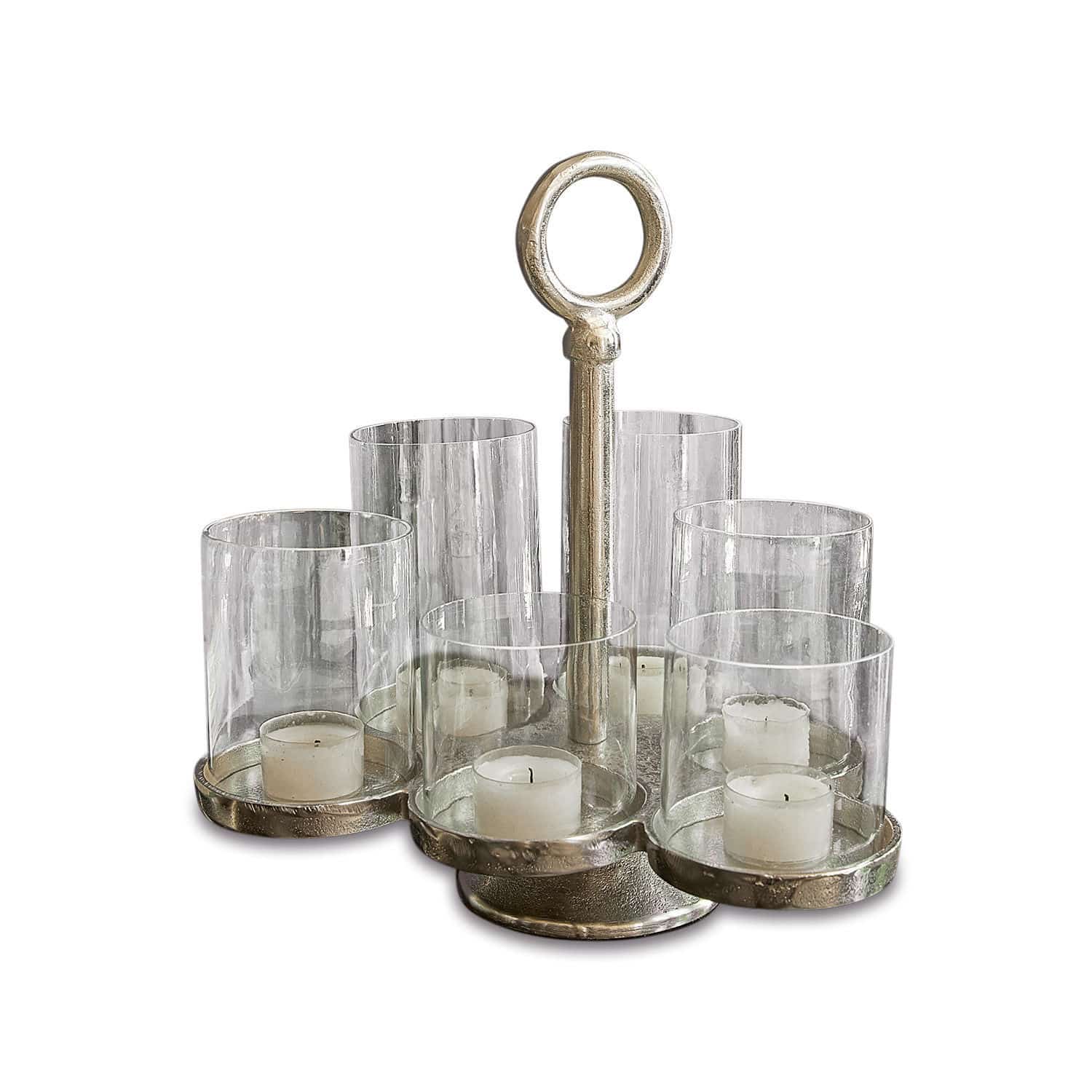 Windlicht Gjaloran aus silbernem Metall mit klarem Glas und Platz für Teelichter.