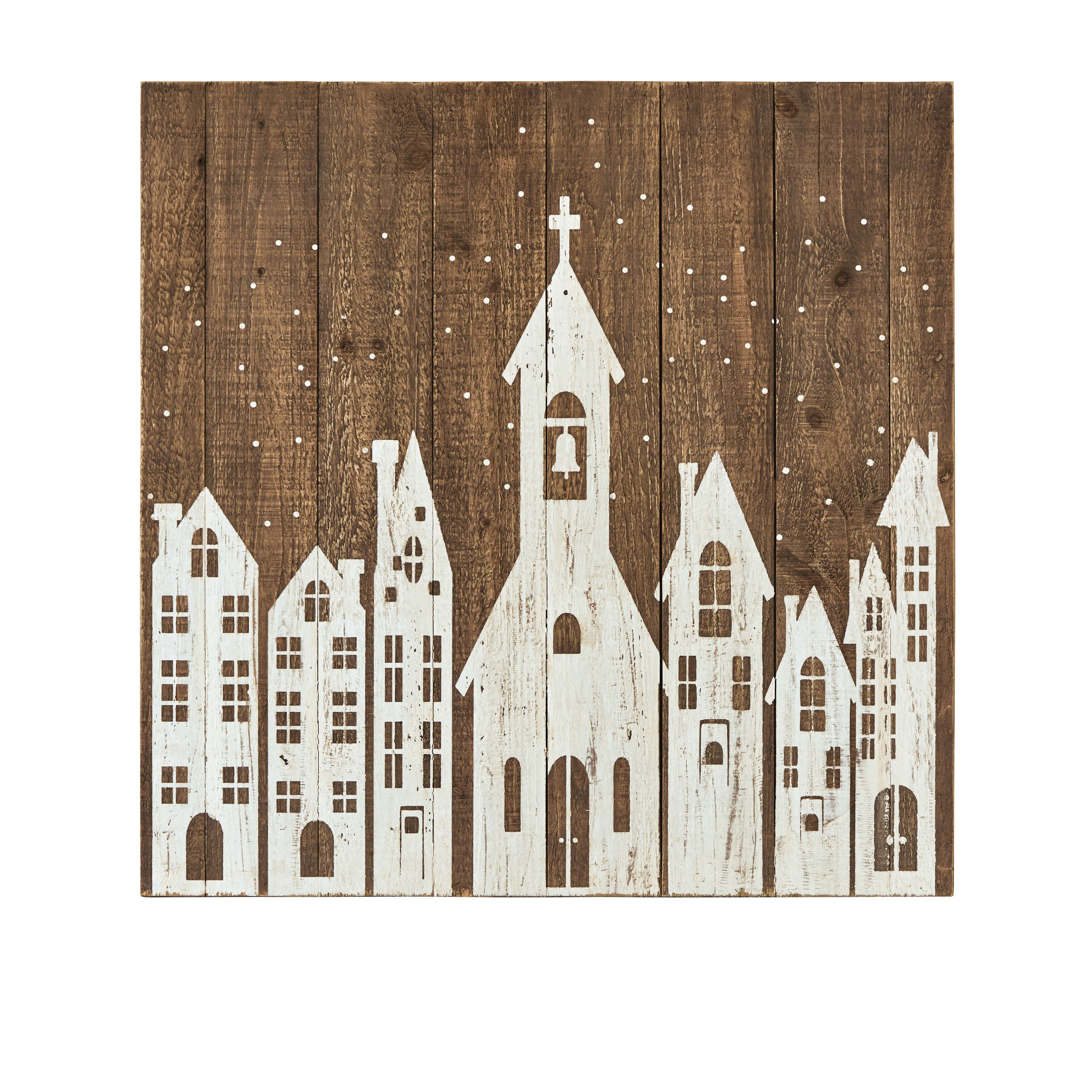 Holzwanddekoration mit weissen Häusern und Kirche auf braunem Hintergrund, rustikale Weihnachtsdekoration
