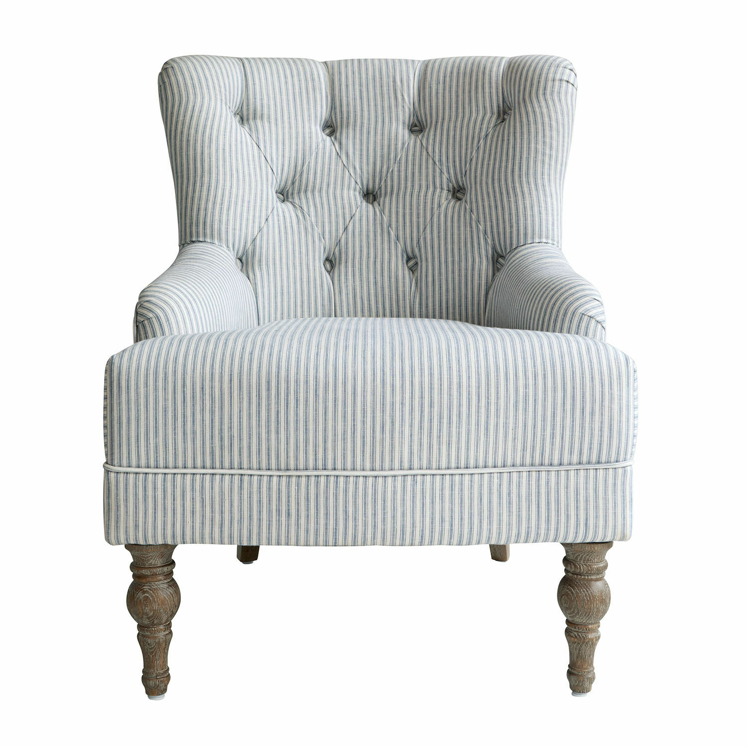 blau/weiss Sessel Amuran mit blau-weiss gestreiftem Stoffbezug und gedrechselten Holzbeinen im Vintage-Stil