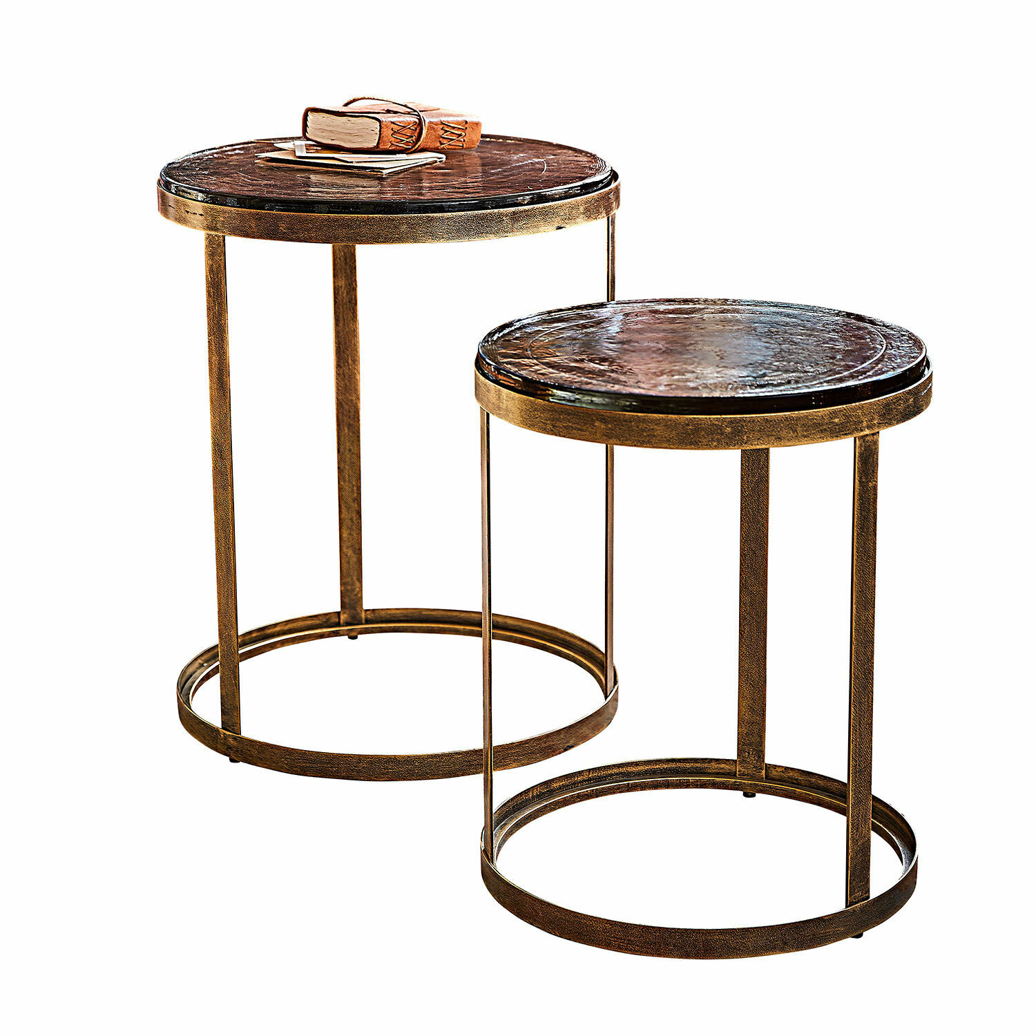 Beistelltisch 2er Set Beautisse Set aus zwei runden Beistelltischen mit Metallgestell und dunkler Marmorplatte