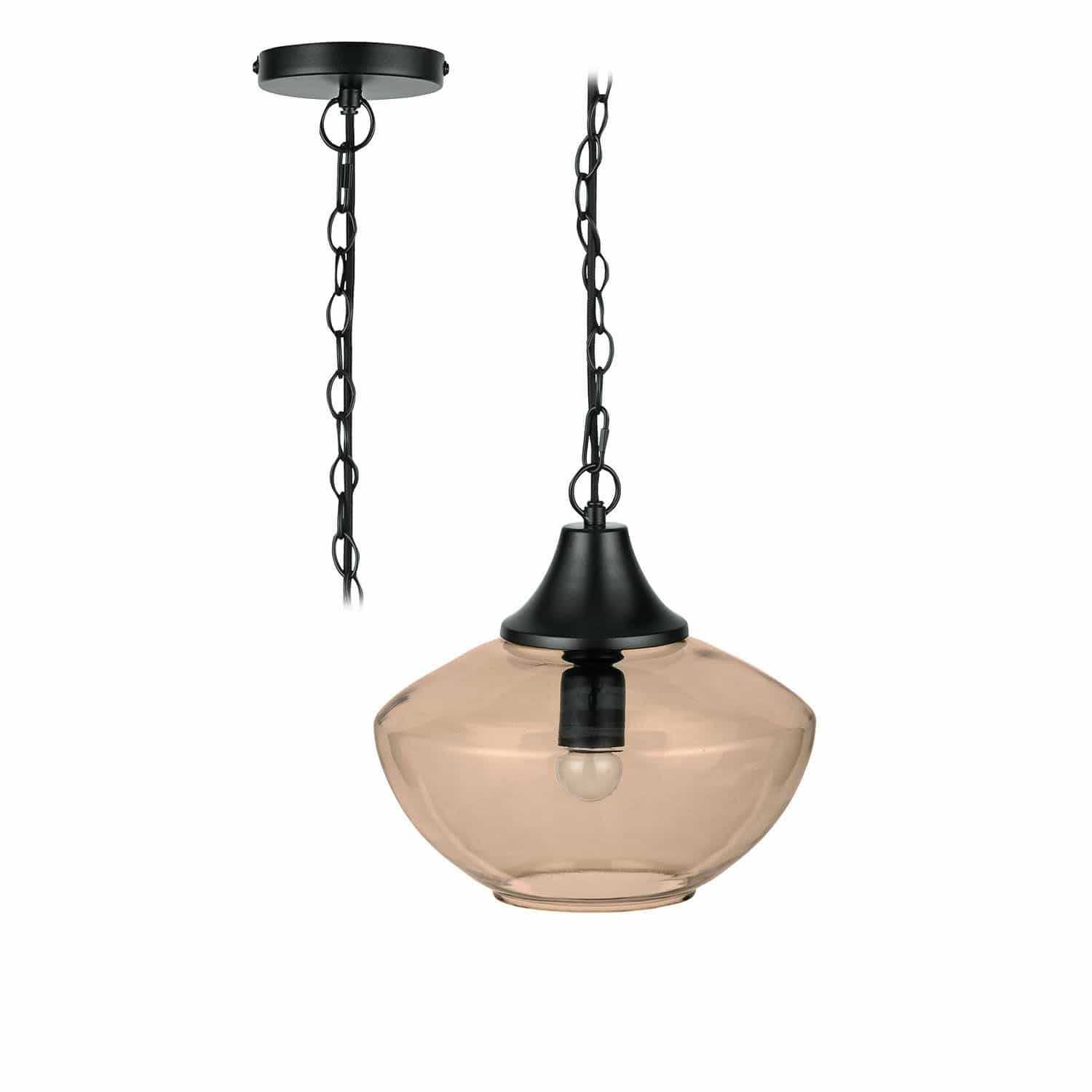 Hängelampe Nerilane Hängeleuchte aus Glas mit schwarzem Metallhalter und Kette, modernes Innenraumlicht