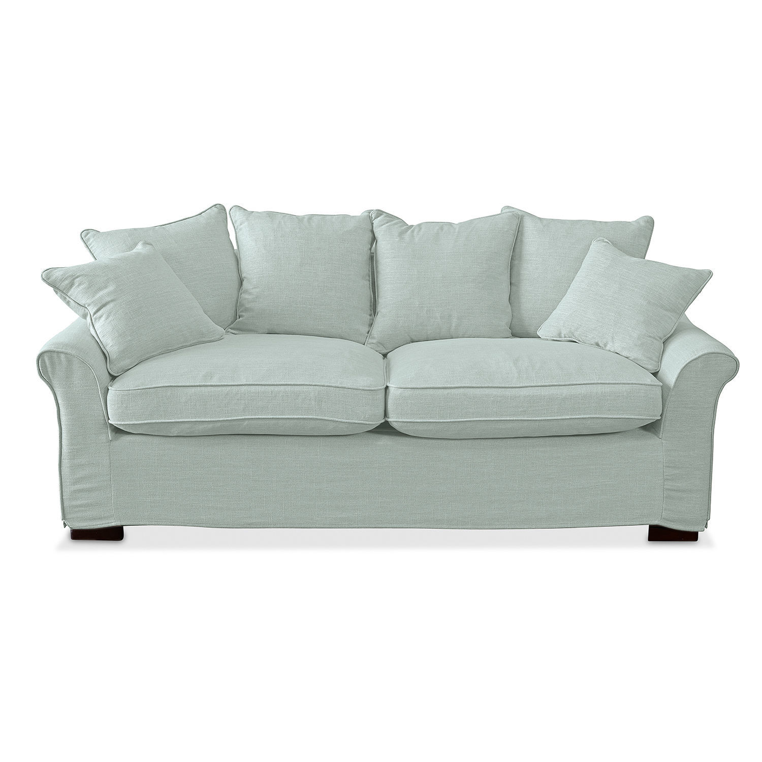 mint Sofa Long Beach aus mintgrünem Stoff mit weichen Kissen und bequemem Sitzkomfort für das Wohnzimmer