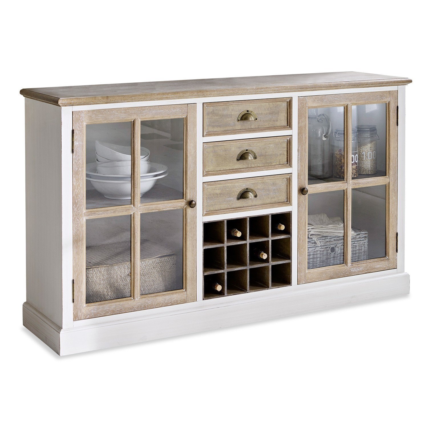 Kommode Magoffin Kommode aus Holz und Glas in Weiss und Natur mit Schubladen und Weinregal