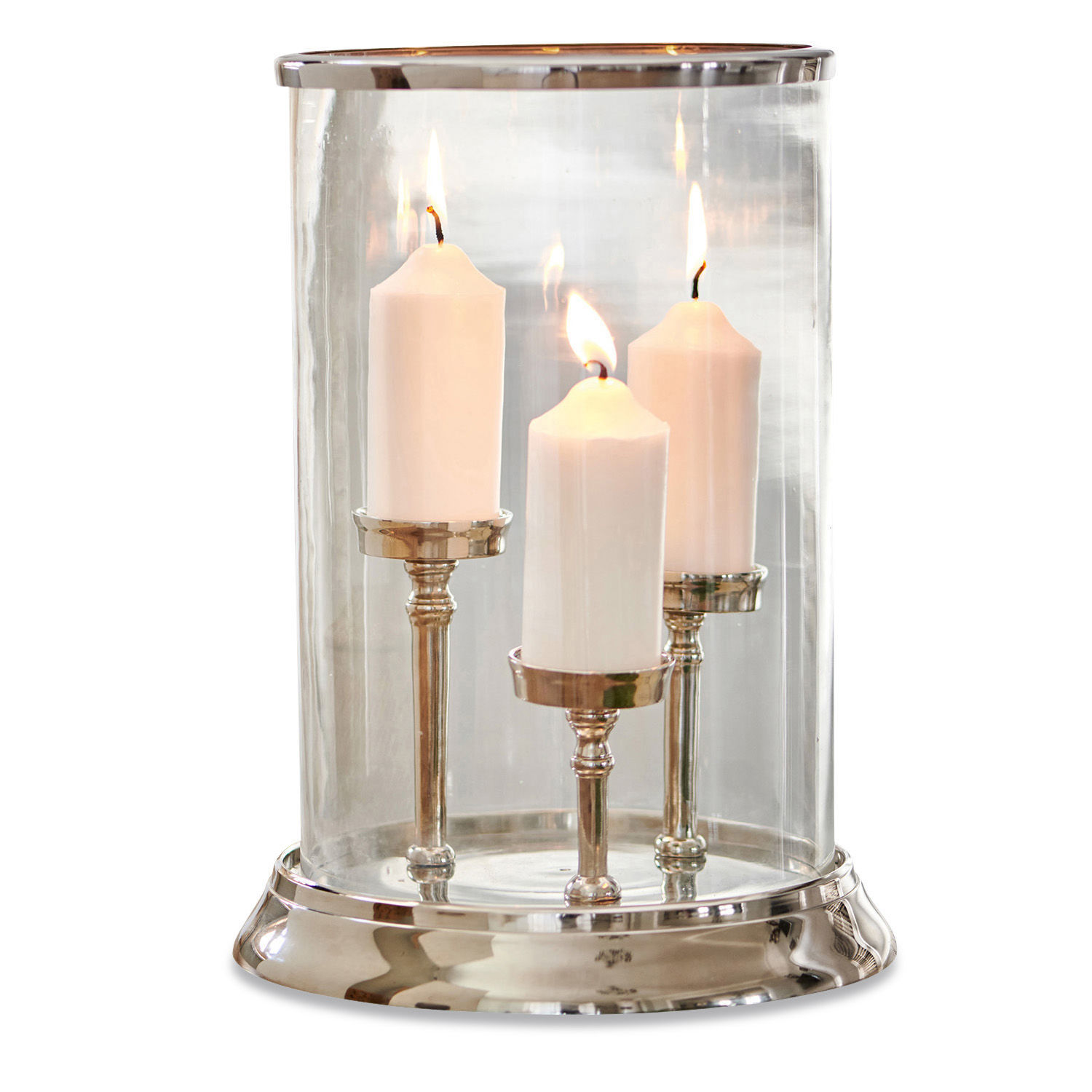 Windlicht Vinzan Glaskerzenhalter mit Metallfuss und drei weissen brennenden Kerzen, Wohnaccessoire