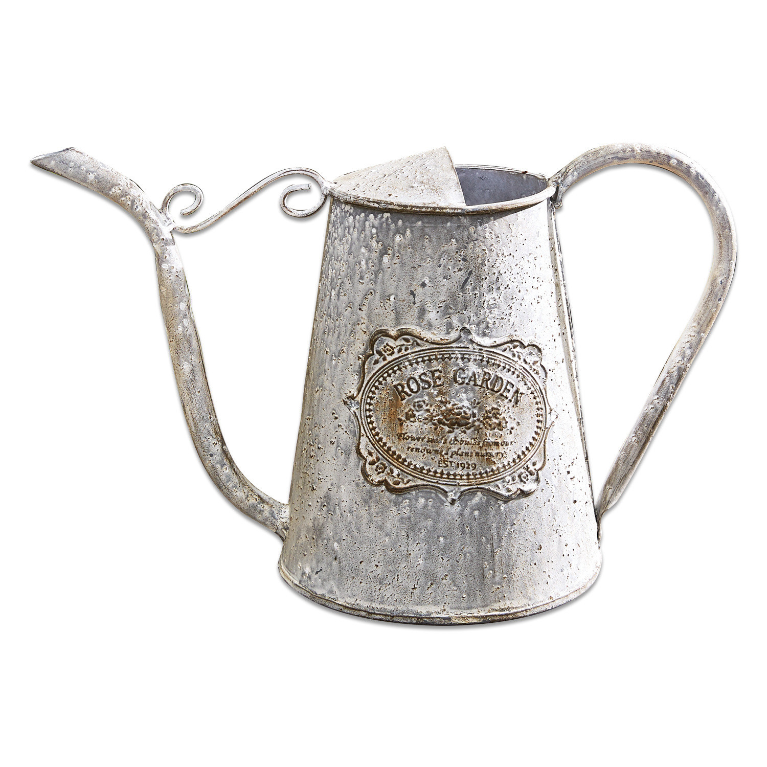 Giesskanne Rose Garden Vintage Metallgiesskanne in Silber mit Rose Garden Schriftzug für die Gartenarbeit