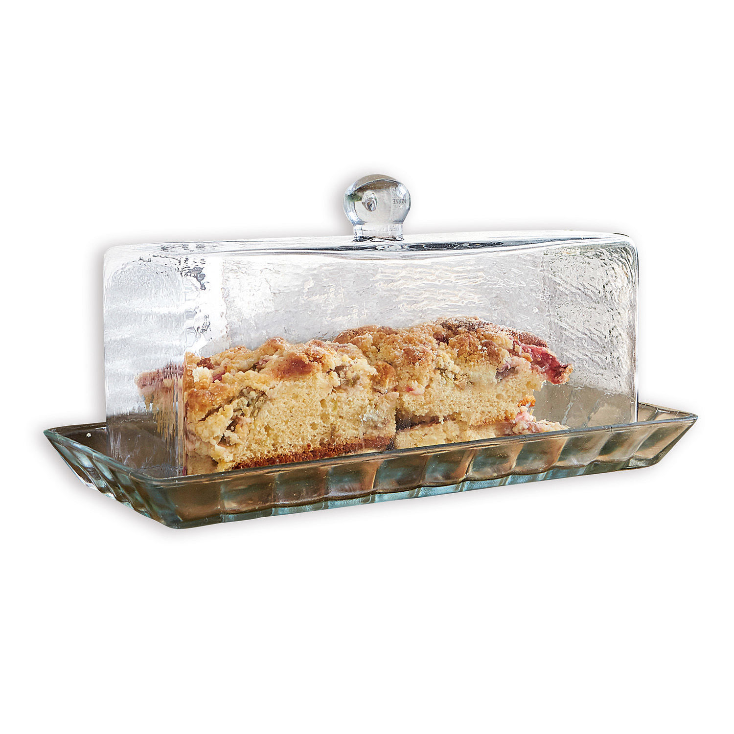 Glasglocke mit Platte Nelia Glasglocke mit Deckel und Stück Streuselkuchen darin, Küchenzubehör aus klarem Glas