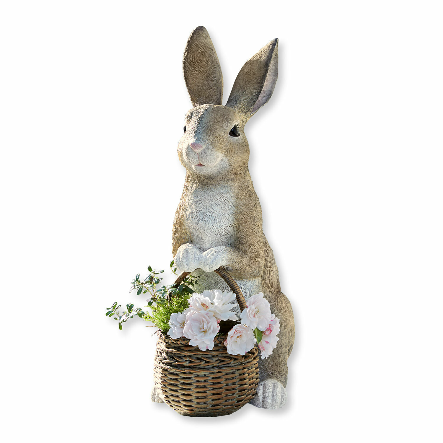 Hase mit Pflanzkorb Alais Braune Kunststoff-Hasenfigur mit Korb und weissen Dekoblumen als Gartendekoration