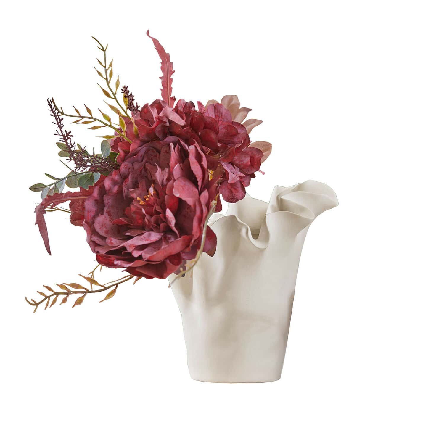 Vase Elvessa Weiße Keramikvase mit welligem Rand, roten künstlichen Blumen und grünen Dekoblättern