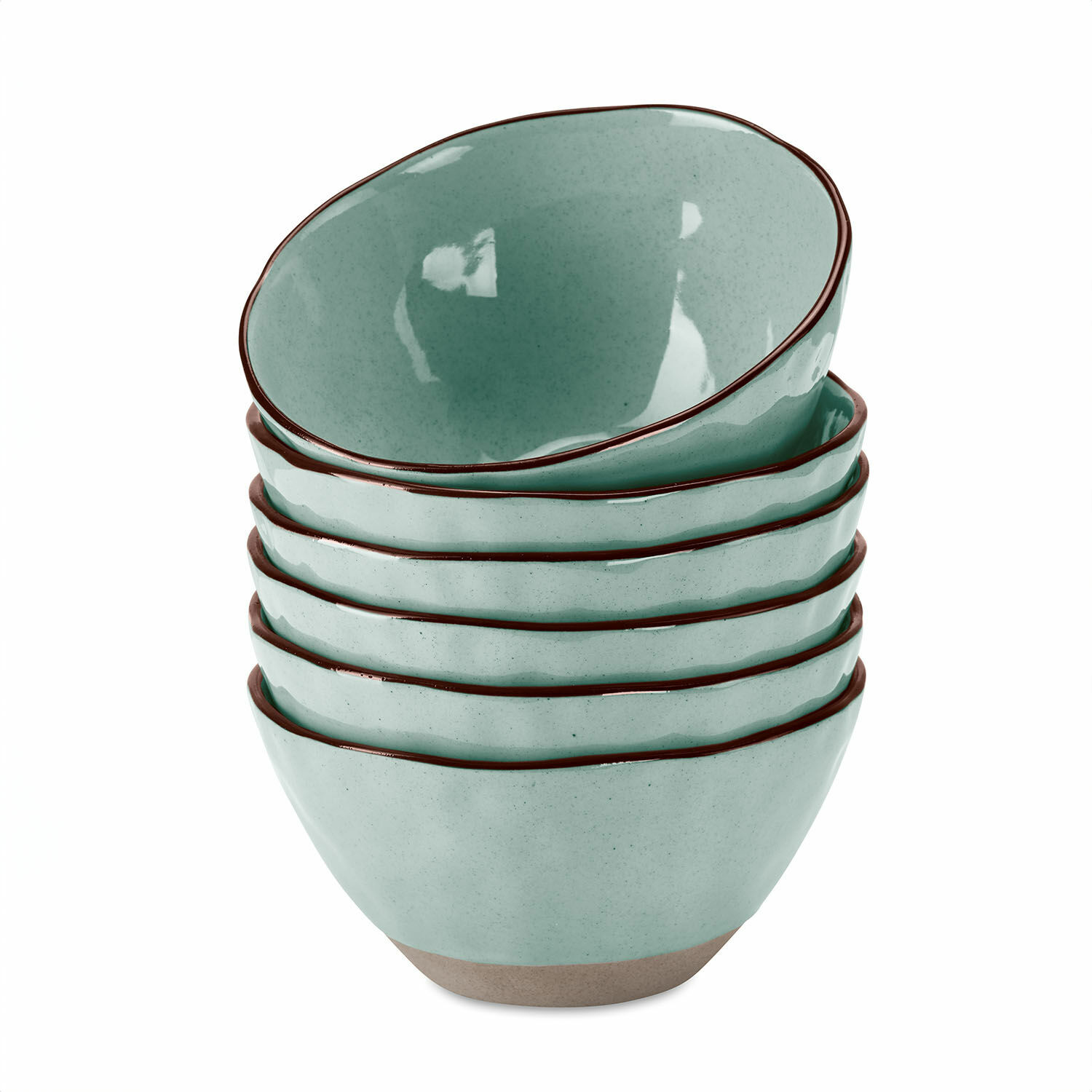 6-teiliges Set türkiser Keramikschüsseln Biarritz mit braunem Rand für Küche und Tisch
