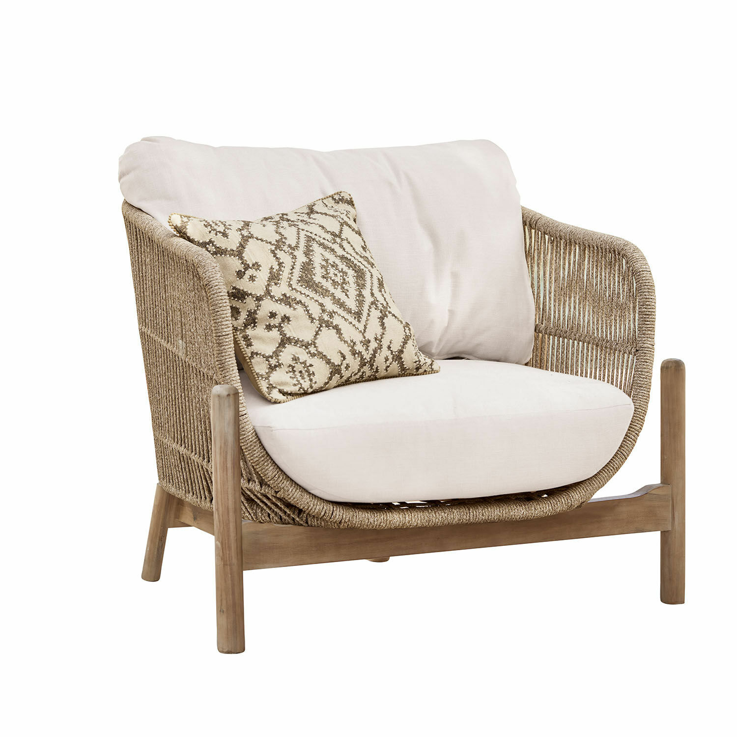 Sessel FSC®-100% Belvidere Sessel mit beigem Kissen und geflochtenem Rücken aus Naturholz und Stoff