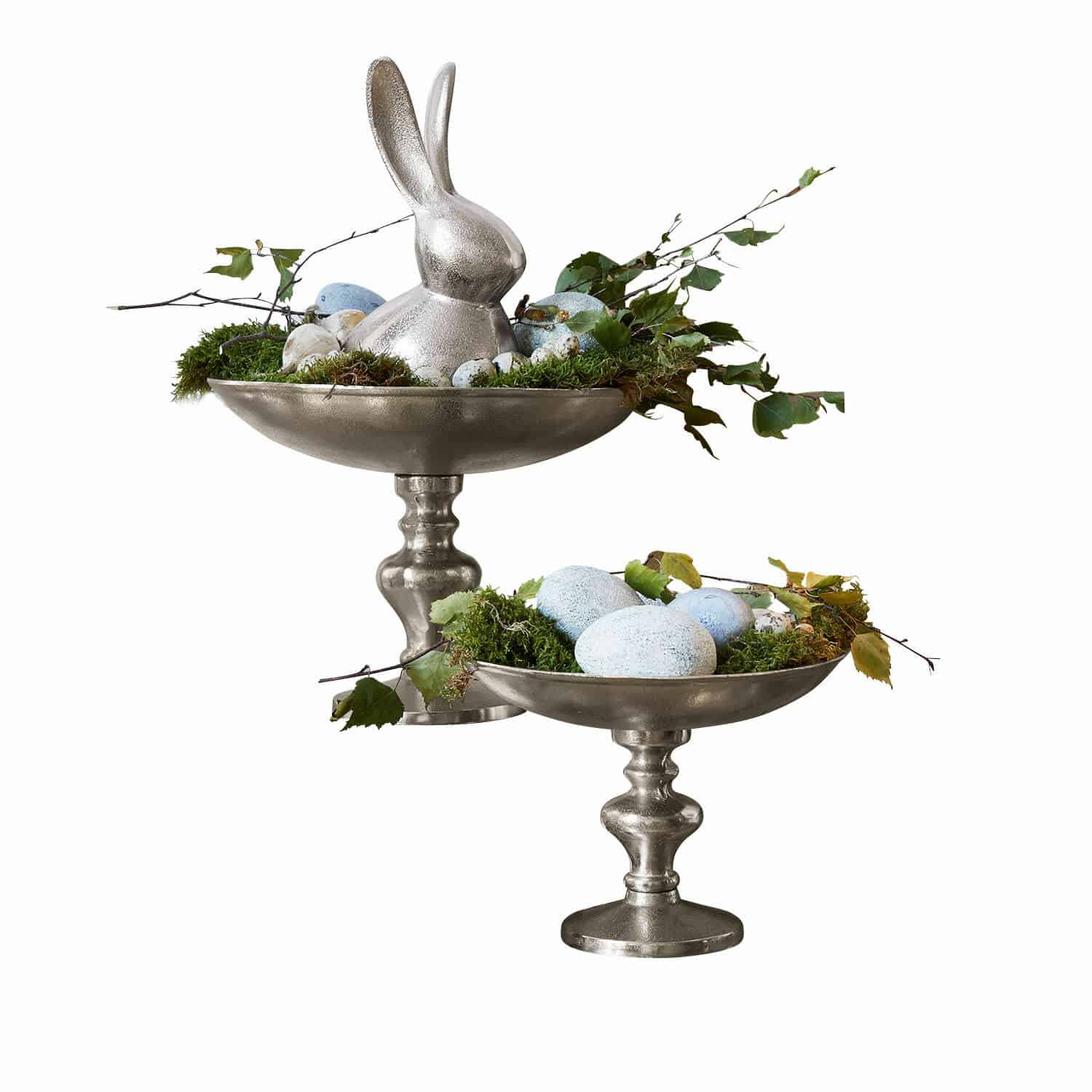 Schale 2er Set Helfa Dekorative silberne Schalen auf Fuss mit Osterhase, blauen Eiern und grünem Moos