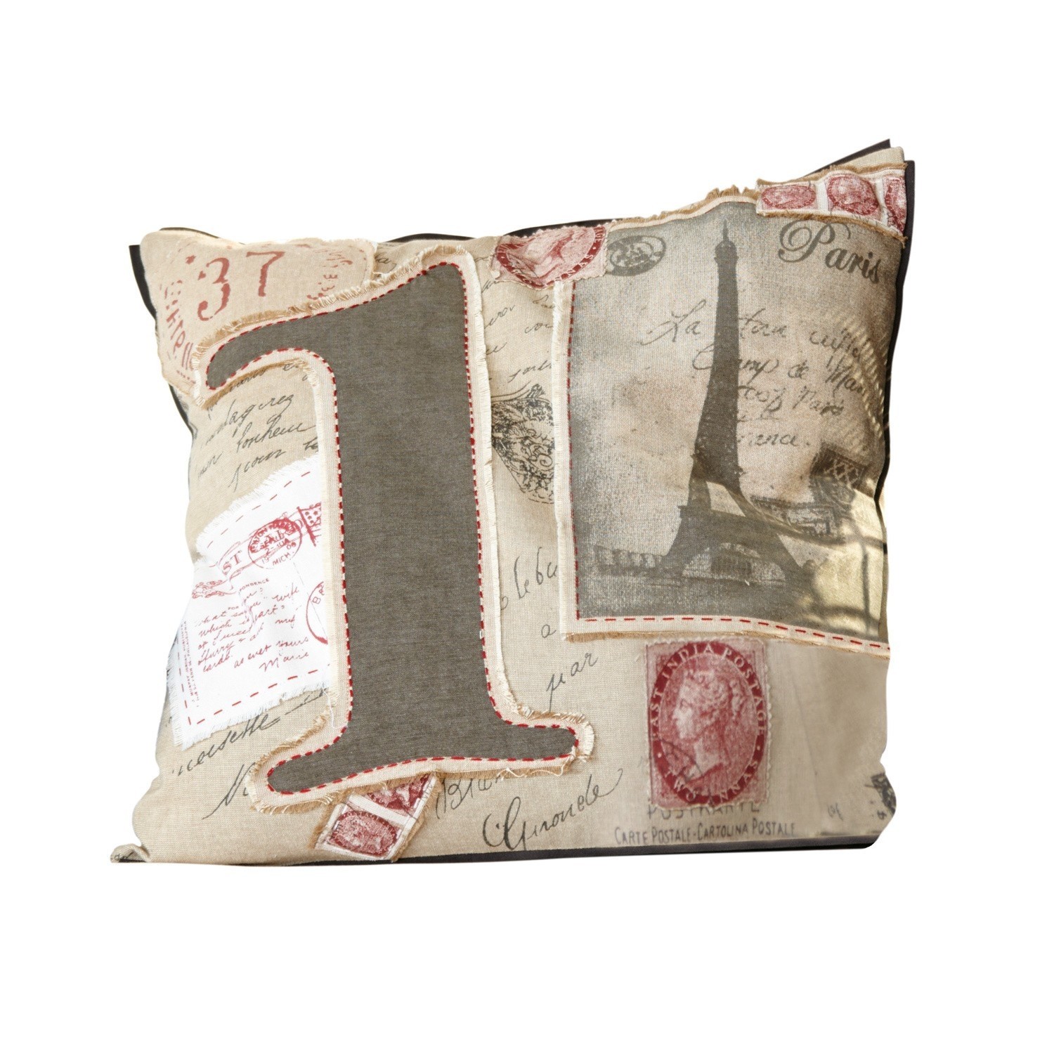 Kissen Coussin Beiges Baumwollkissen mit Paris-Motiv und grosser grauer Zahl 1, dekorativer Vintage-Stil
