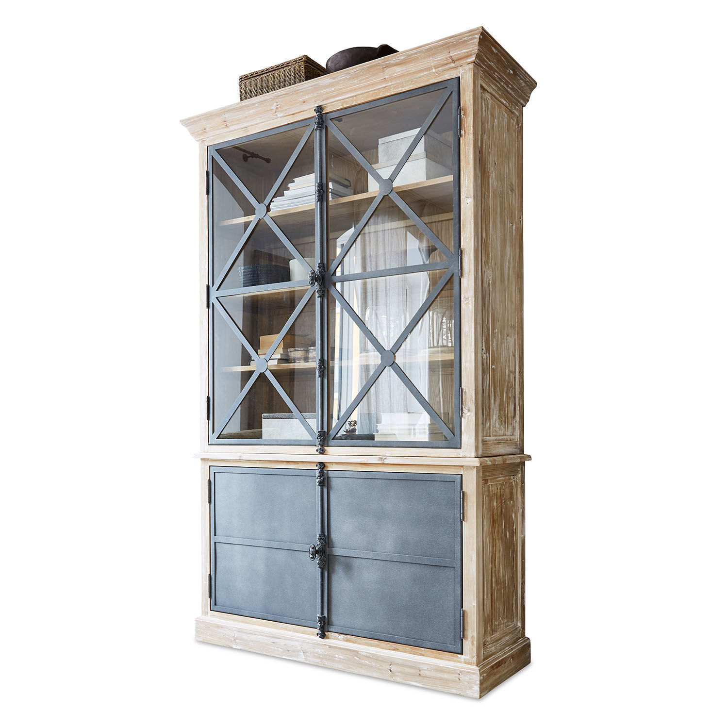 Schrank Kingswin Vitrine aus Holz und Metall in Naturfarben mit Glastüren und Regalen für Bücher und Dekoration