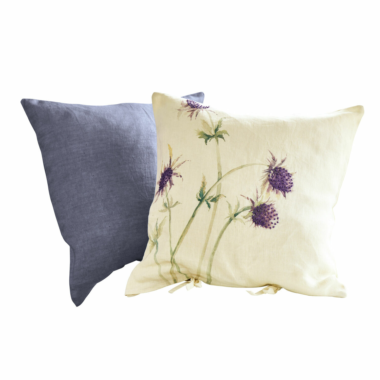 Kissenhülle 2er Set Épine Set aus zwei Leinenkissen, eines cremefarben mit lila Blumenmuster, das andere uni grau für den Wohnraum