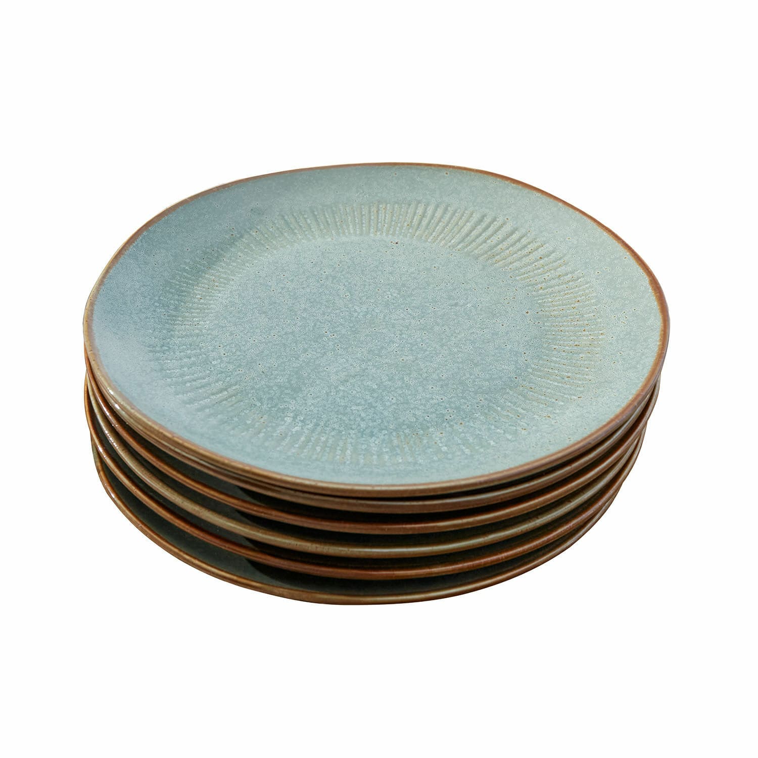 Teller 6er Set Périers Set aus blauen Keramiktellern mit braunem Rand, ideal für Tischdekoration und zum Servieren von Speisen