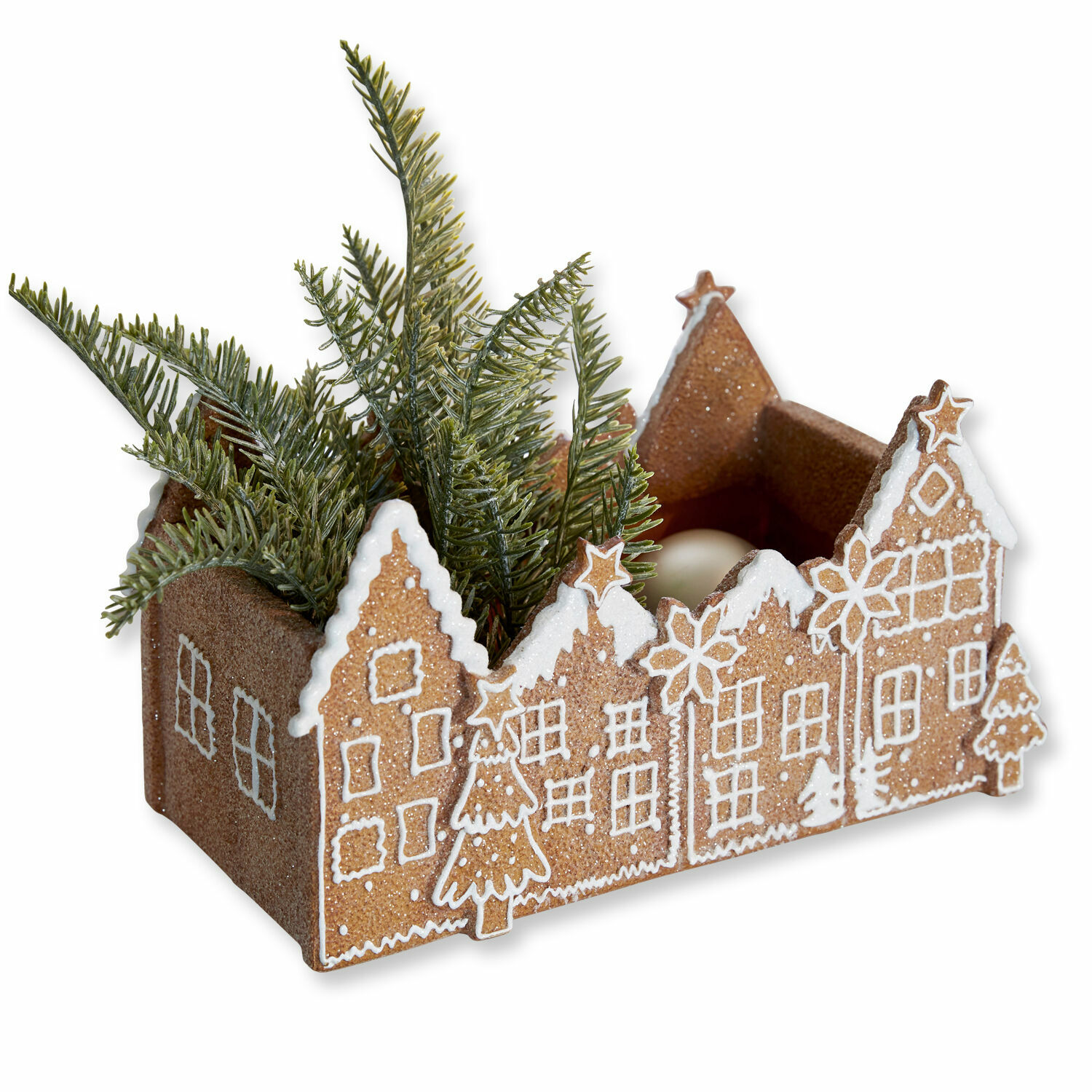 Schale Anyama Dekorativer Behälter in Form eines Lebkuchenhauses mit grünen Zweigen als Weihnachtsdekoration