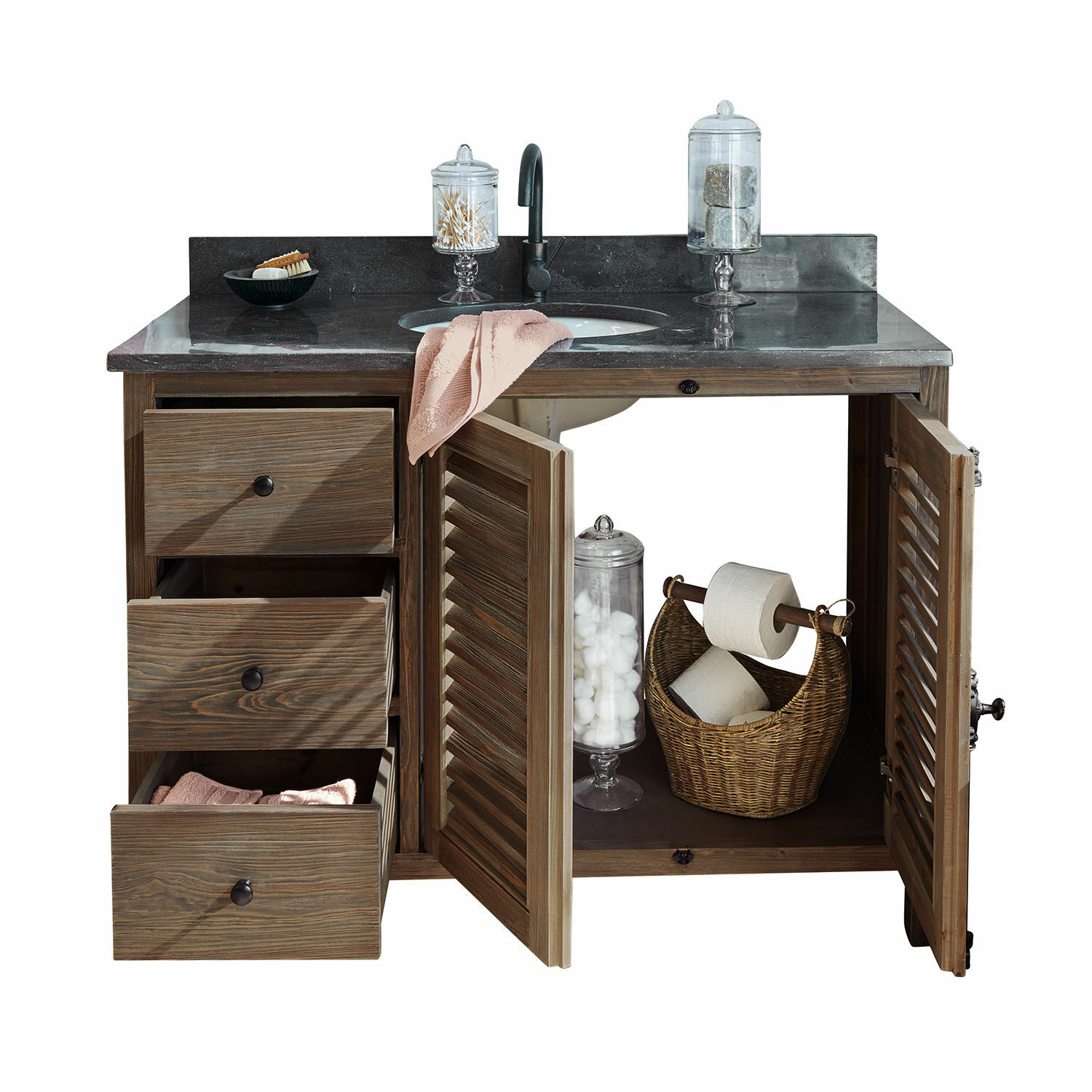 Holz-Badezimmerschrank mit schwarzer Arbeitsplatte und Waschbecken, offene Schubladen und Türen