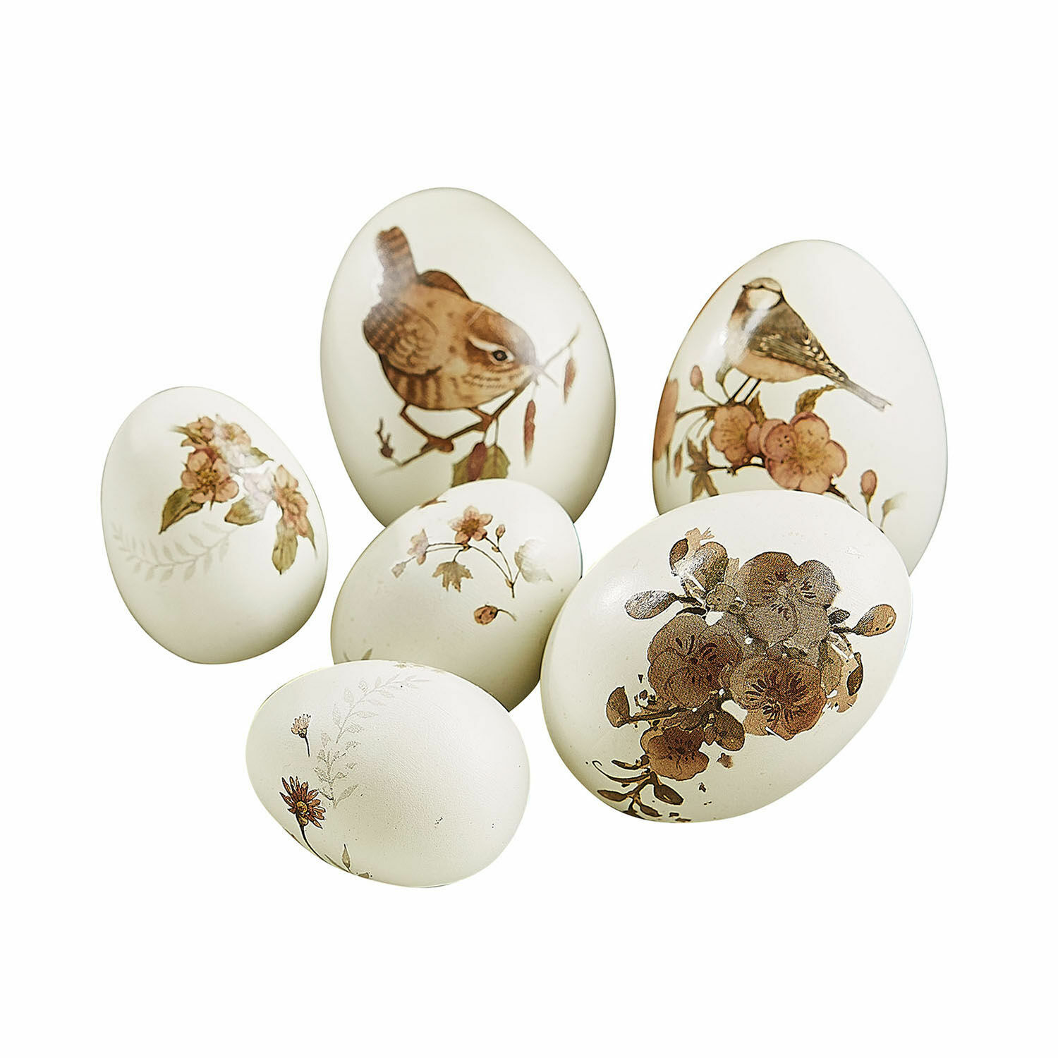 Sechs dekorative Eier in Beige mit Vogel- und Blumenmotiven für Frühlingsdekoration.