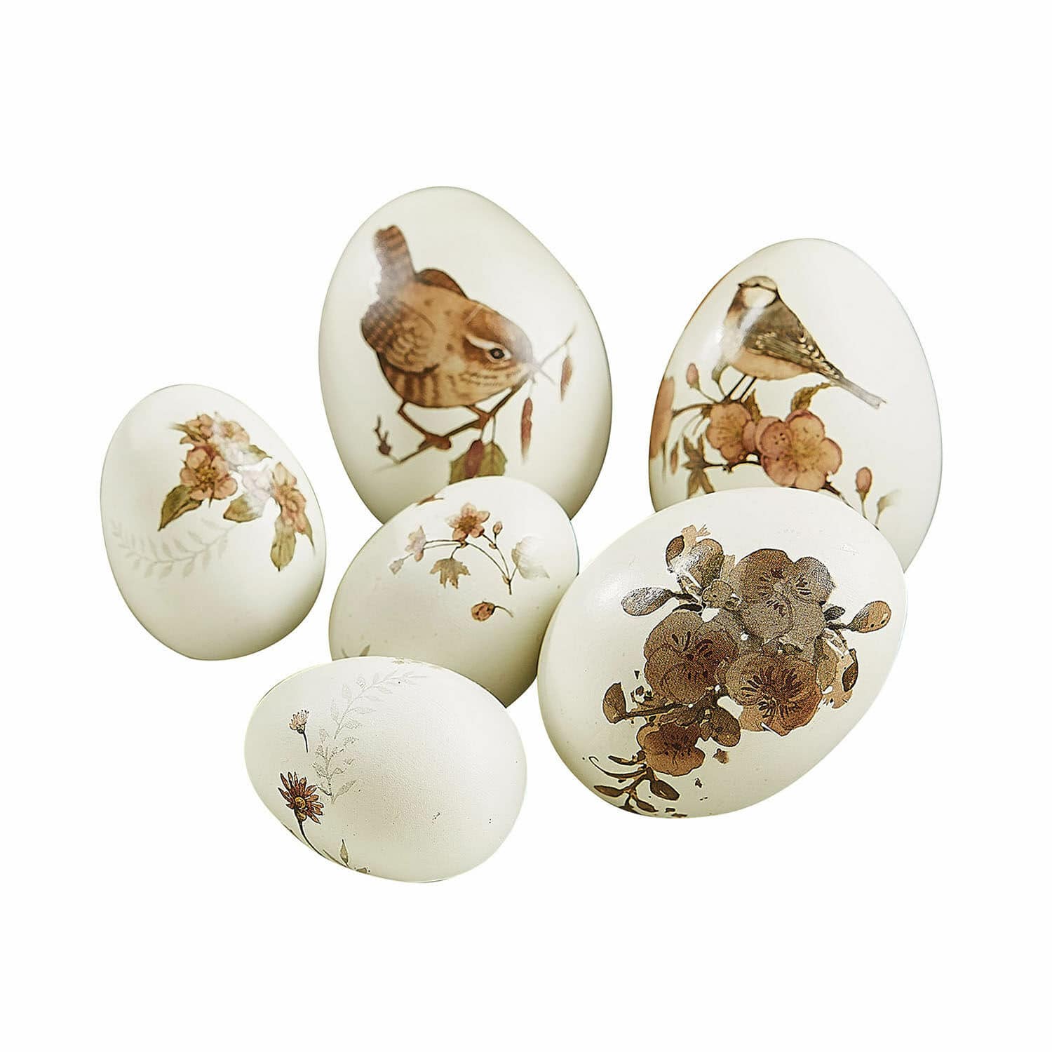 Deko-Ei 6er Set Sylphette Sechs dekorative Eier in Beige mit Vogel- und Blumenmotiven für Frühlingsdekoration.