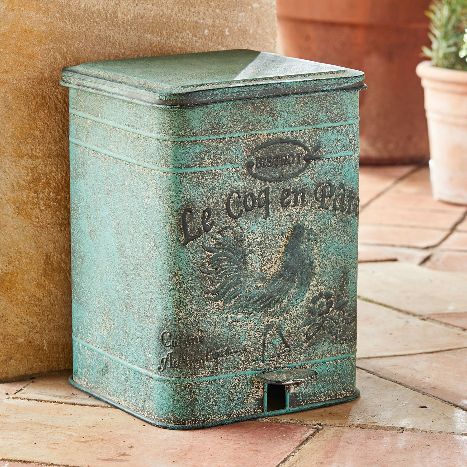 Abfalleimer Kora Vintage Metall-Abfalleimer in Grün mit Hahn-Motiv, ideal für Terrasse oder Gartenbereich