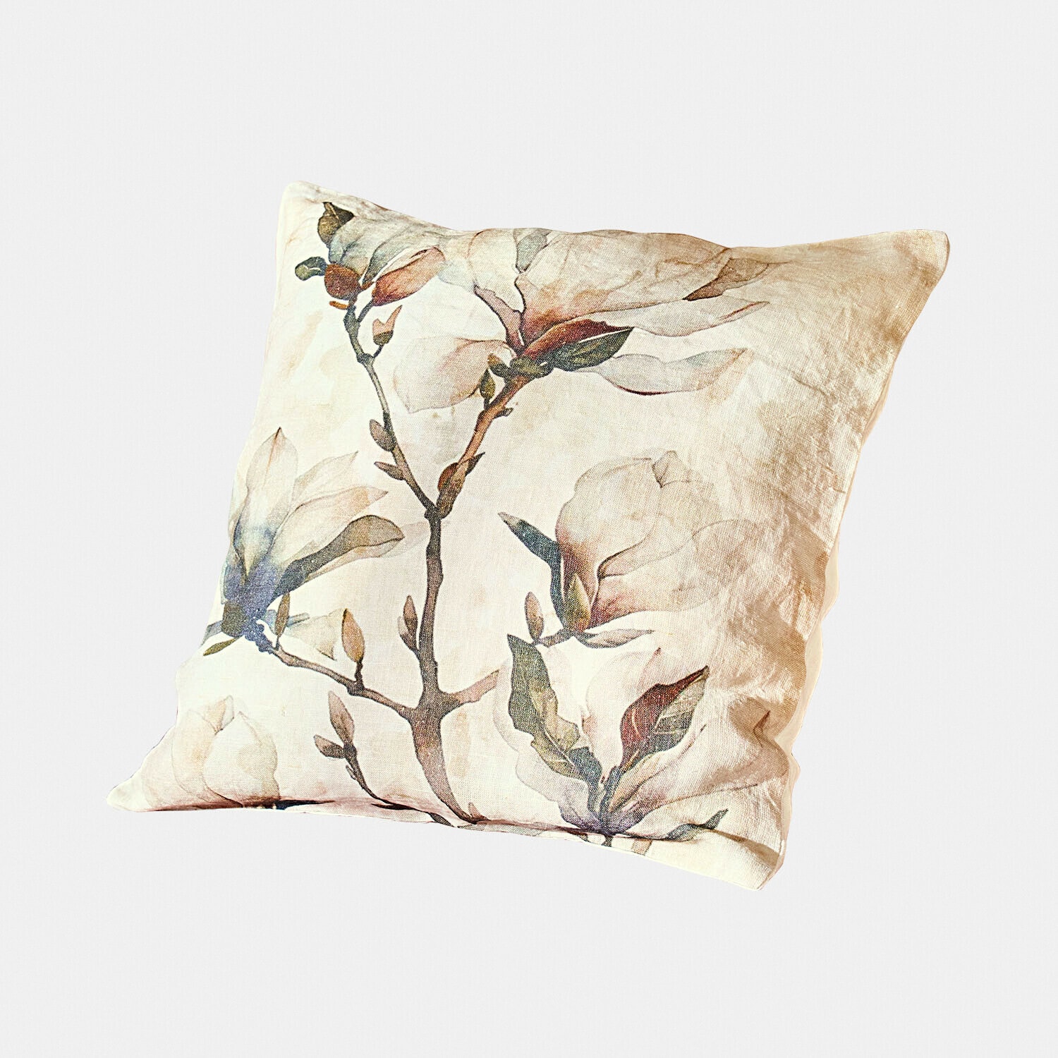Kissenhülle Aurélines Beiges Leinenkissen mit Magnolienblüten-Motiv, dekorativ und weich fürs Wohnzimmer