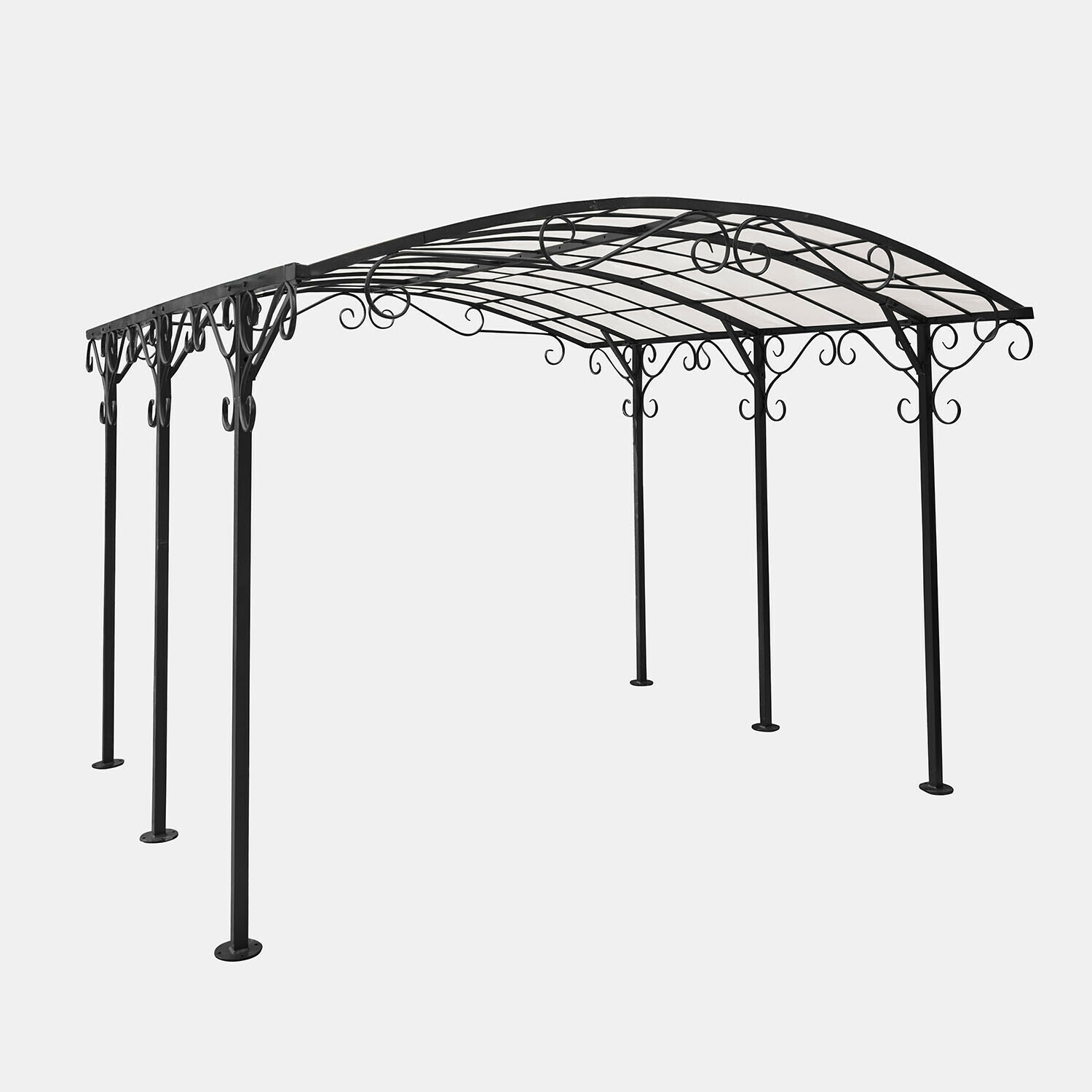 Pergola Delbridge Schwarze Metall-Gartenlaube mit dekorativen Schnörkeln und gewölbtem Dach für Terrasse
