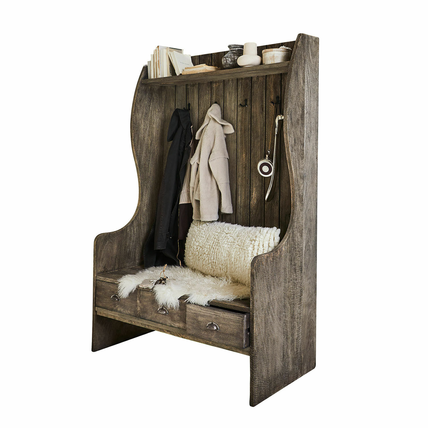 Garderobe New Windsor Dunkle Holzbank mit Haken und Ablage, praktisches Flurmöbel mit Schubladen